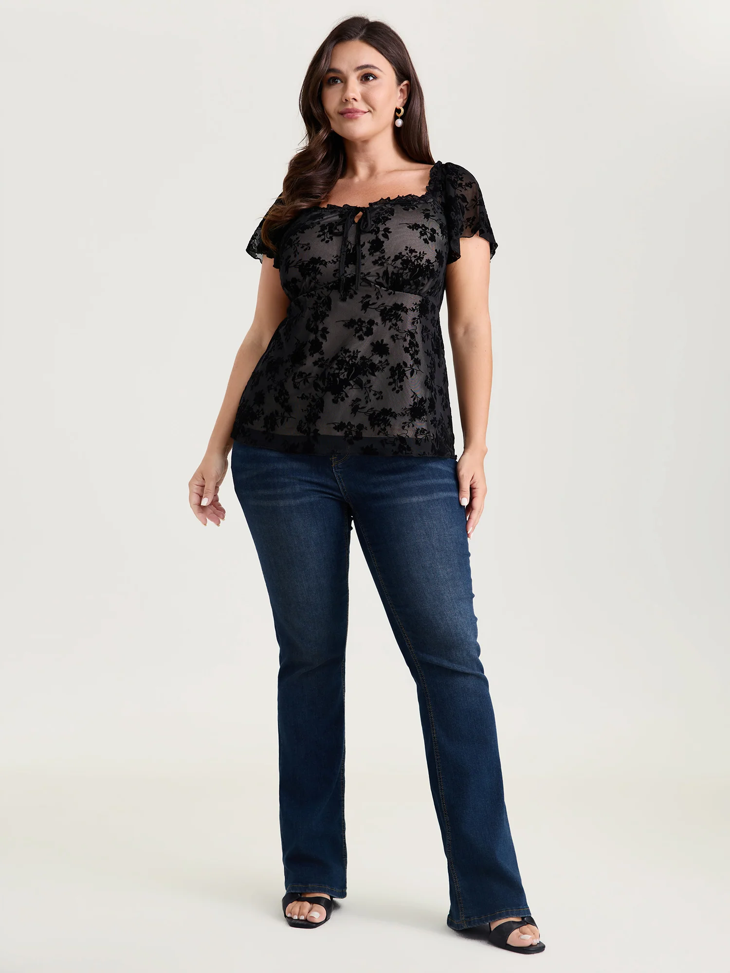 Flocked Floral Drawstring Neckline Knit Top - Image 3
