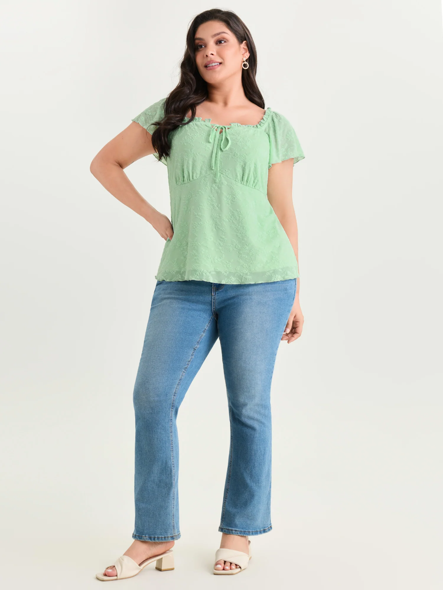 Flocked Floral Drawstring Neckline Knit Top - Image 30