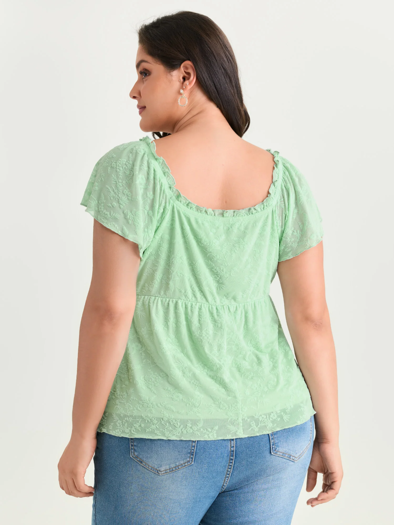 Flocked Floral Drawstring Neckline Knit Top - Image 31