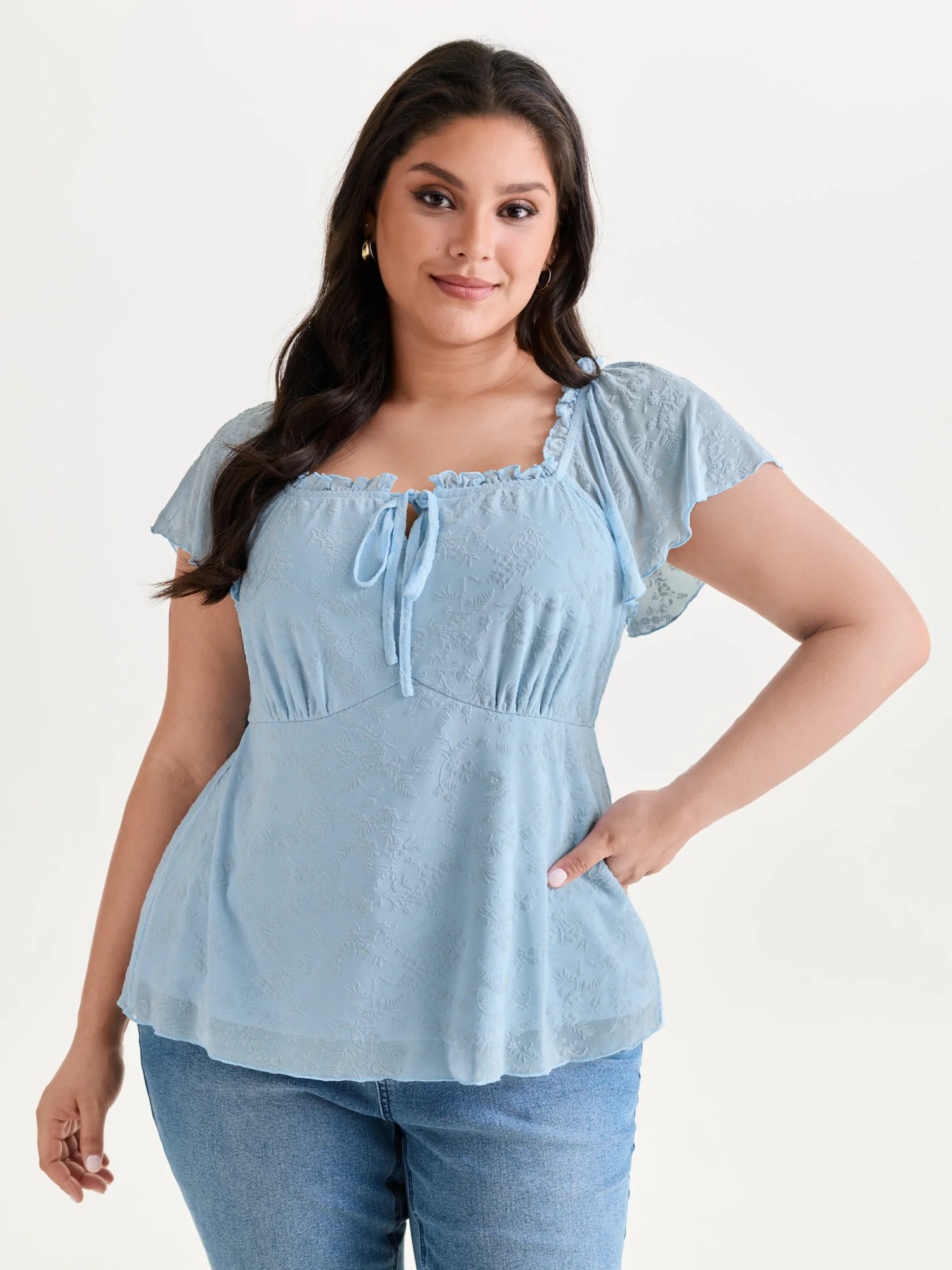 Flocked Floral Drawstring Neckline Knit Top - Image 32
