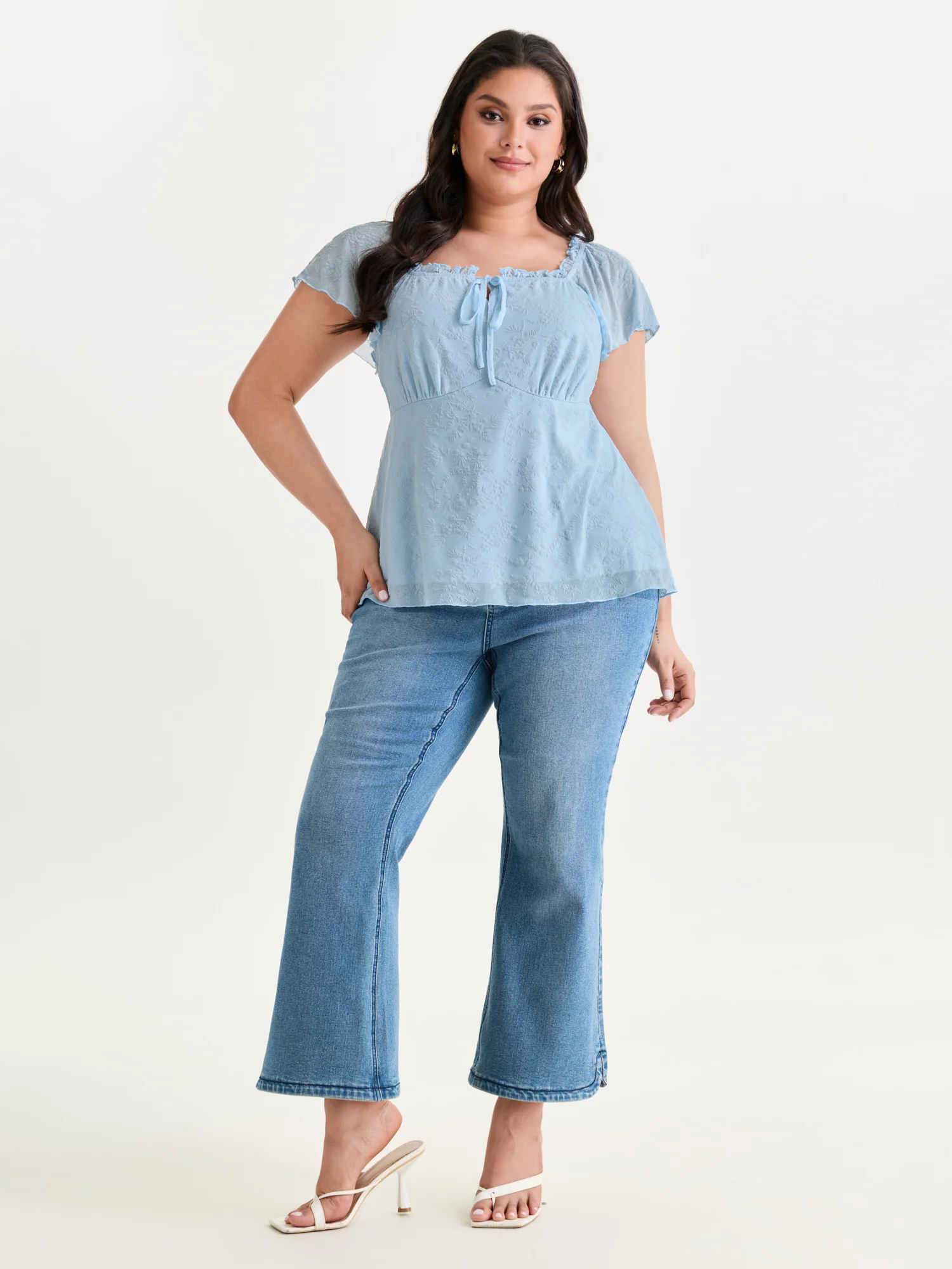Flocked Floral Drawstring Neckline Knit Top - Image 34