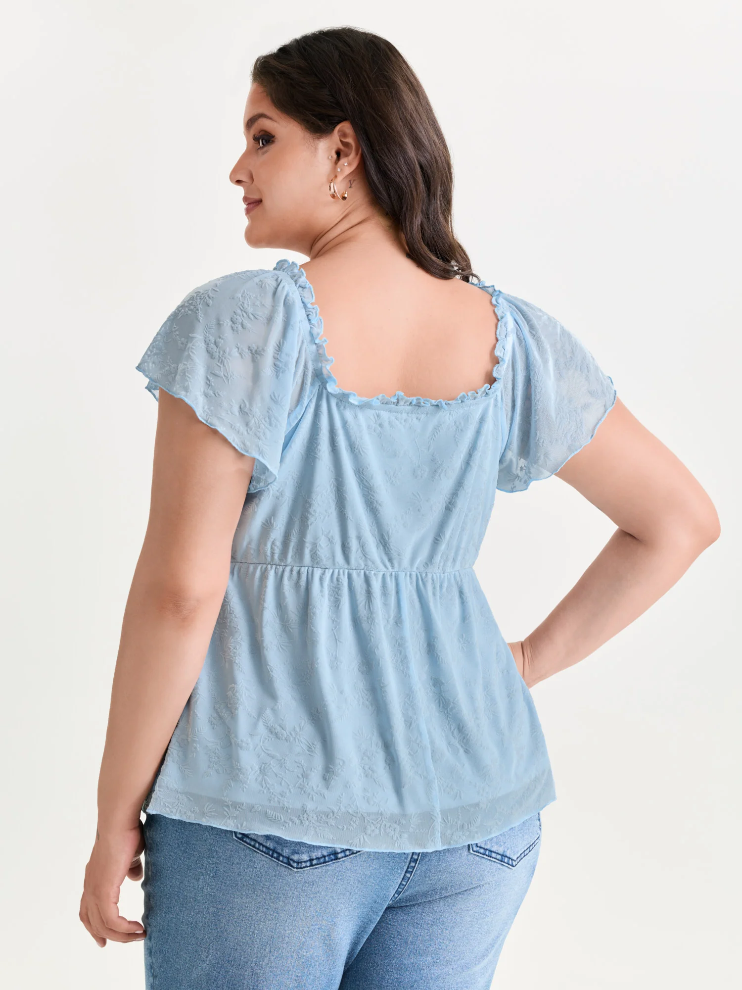 Flocked Floral Drawstring Neckline Knit Top - Image 35