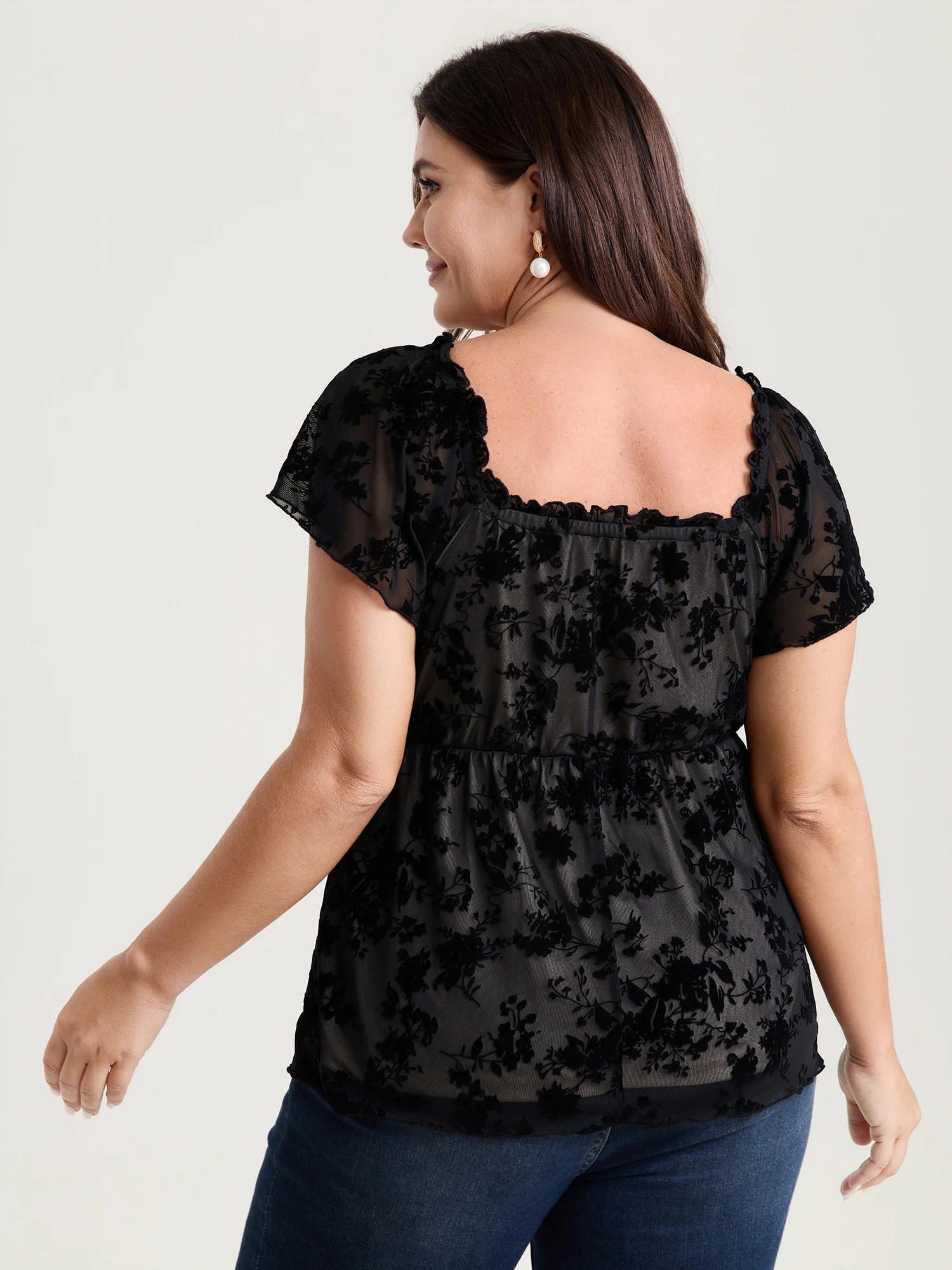 Flocked Floral Drawstring Neckline Knit Top - Image 4