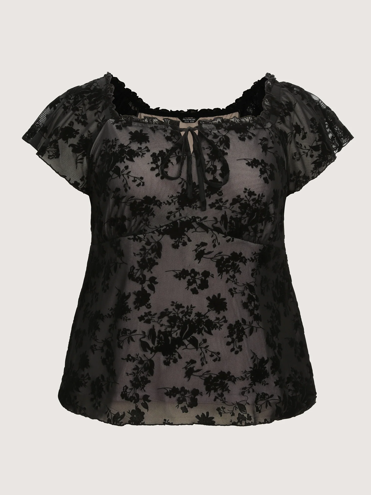 Flocked Floral Drawstring Neckline Knit Top - Image 7