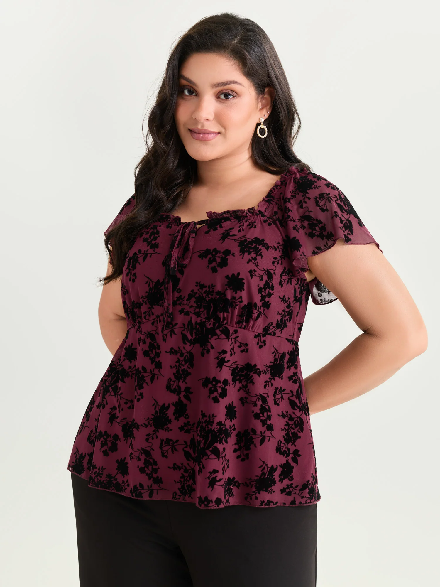 Flocked Floral Drawstring Neckline Knit Top - Image 8