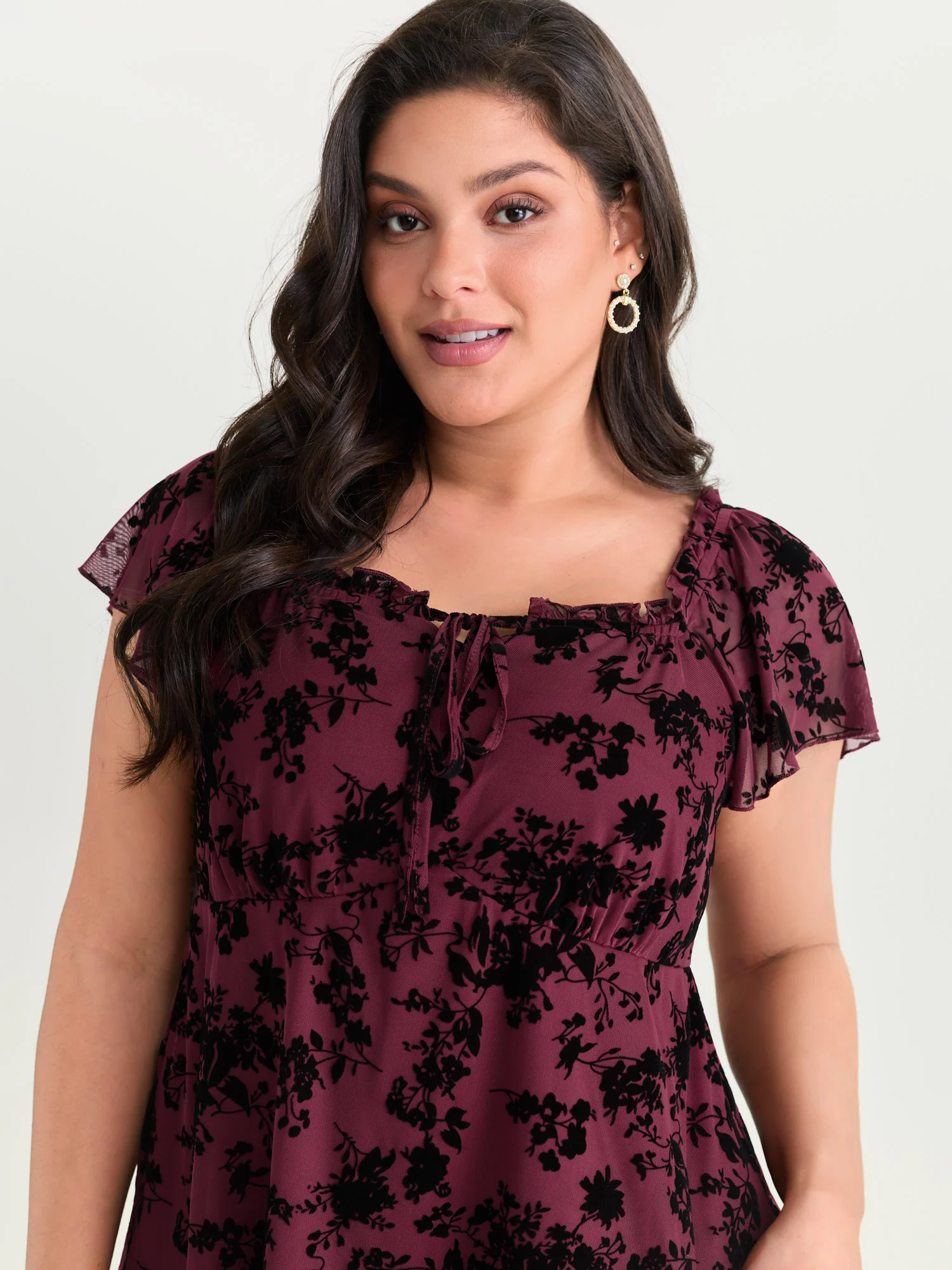Flocked Floral Drawstring Neckline Knit Top - Image 9