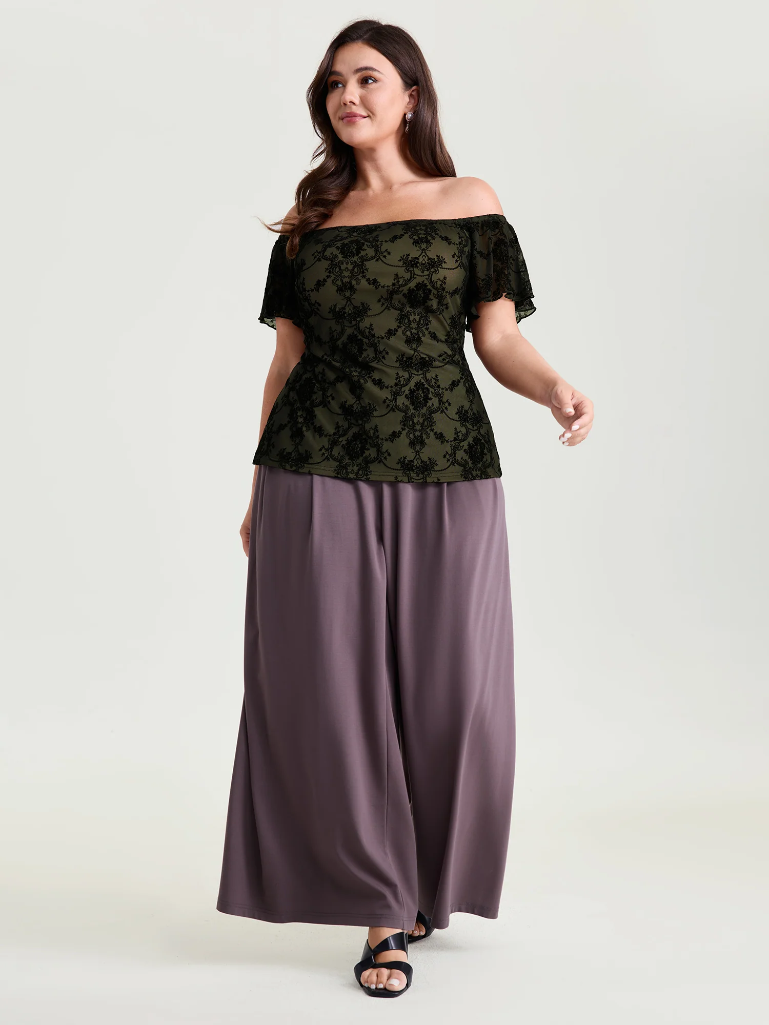 Flocked Floral Off-Shoulder T-Shirt - Image 10