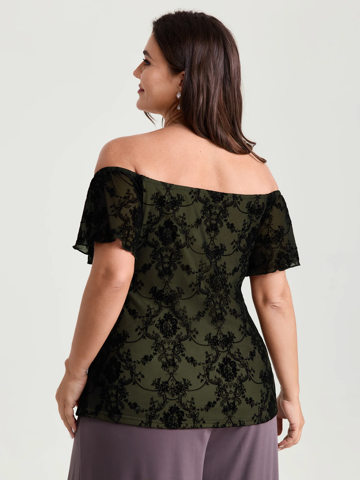 Flocked Floral Off-Shoulder T-Shirt - Image 11