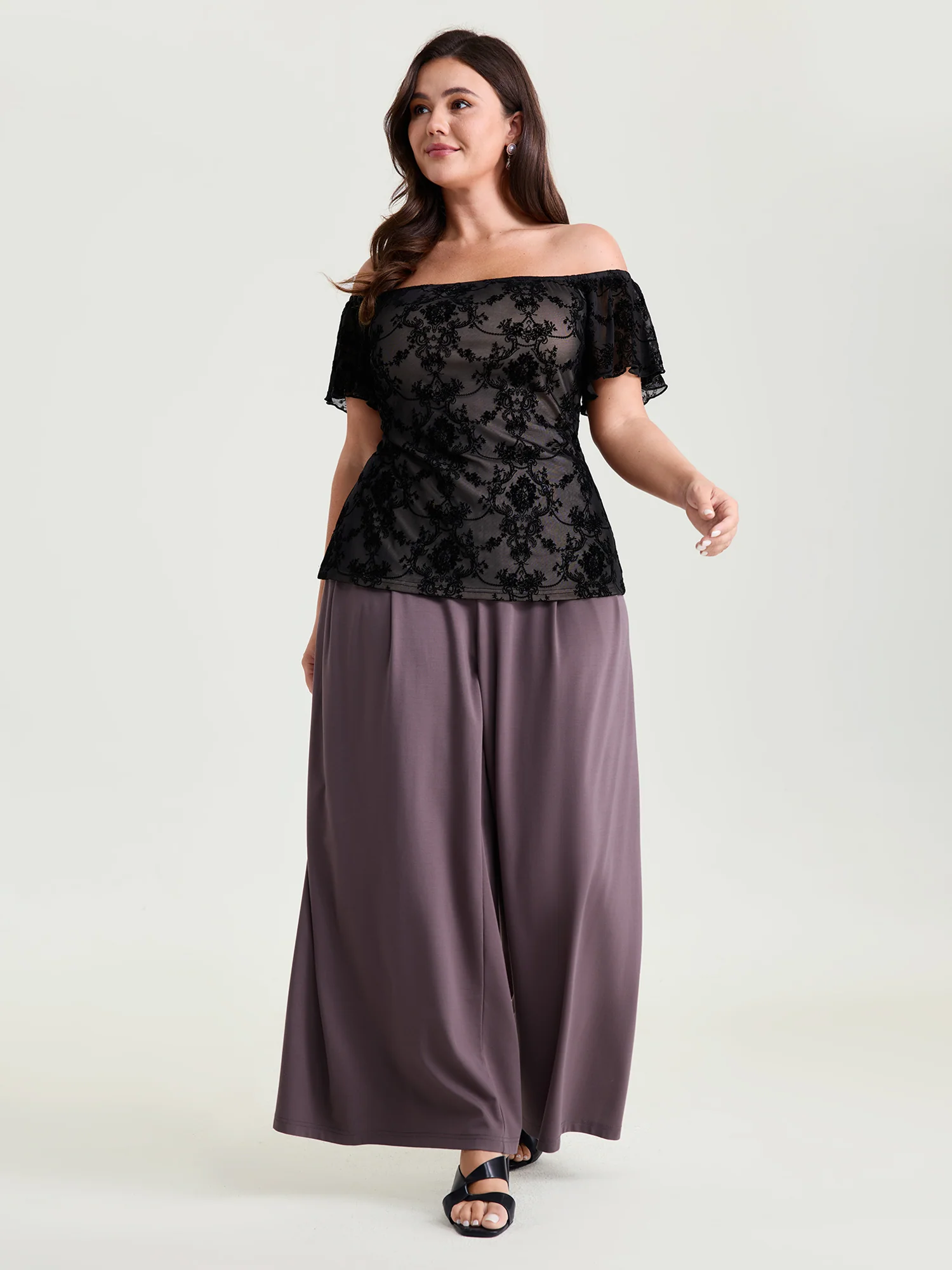 Flocked Floral Off-Shoulder T-Shirt - Image 3