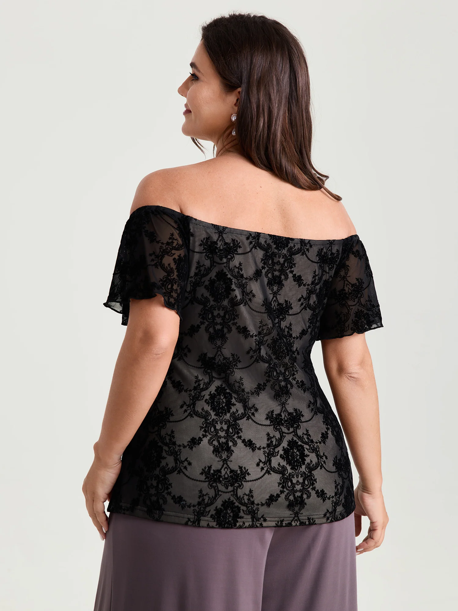 Flocked Floral Off-Shoulder T-Shirt - Image 4