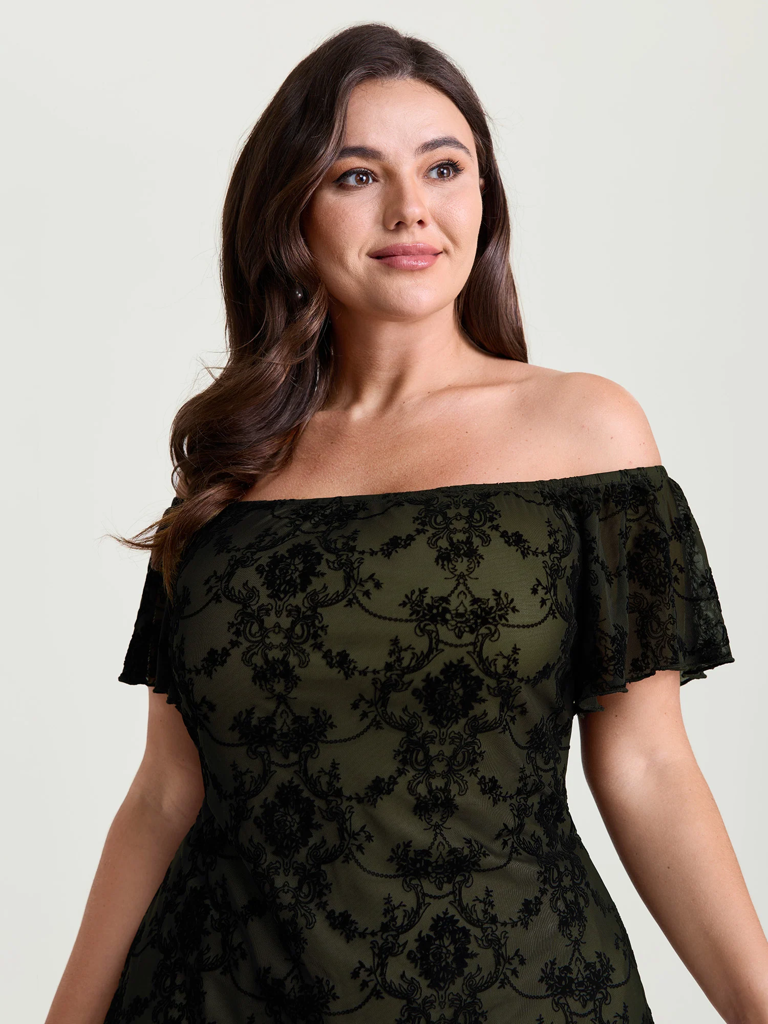 Flocked Floral Off-Shoulder T-Shirt - Image 8