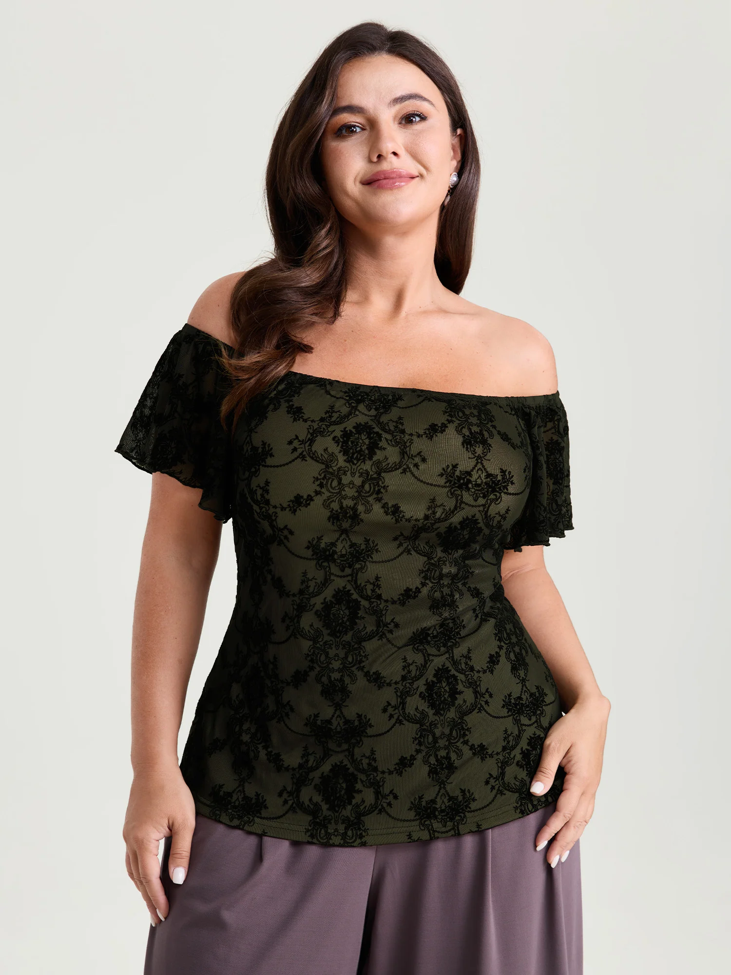 Flocked Floral Off-Shoulder T-Shirt - Image 9
