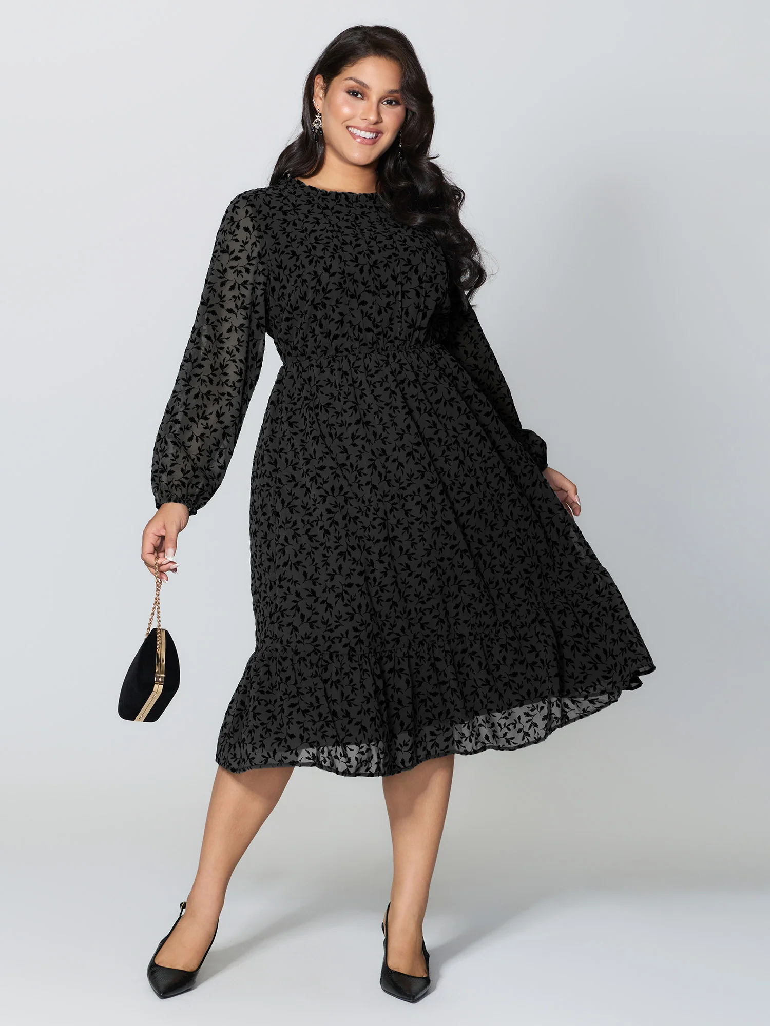 Flocked Floral Shirred Ruffled Neck Midi Dress - Image 8