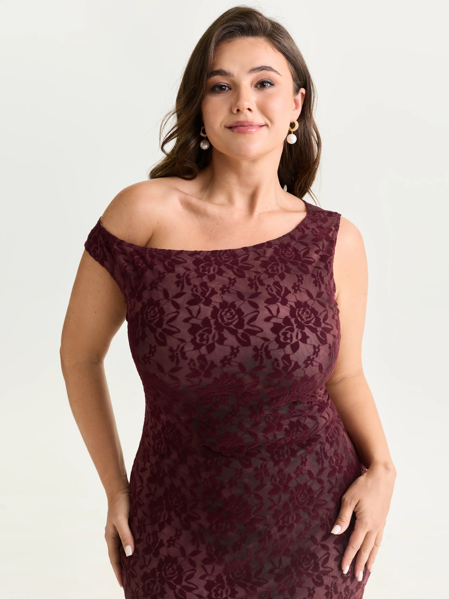 Flocked Floral Stretchy One-Shoulder Midi Dress - Image 2