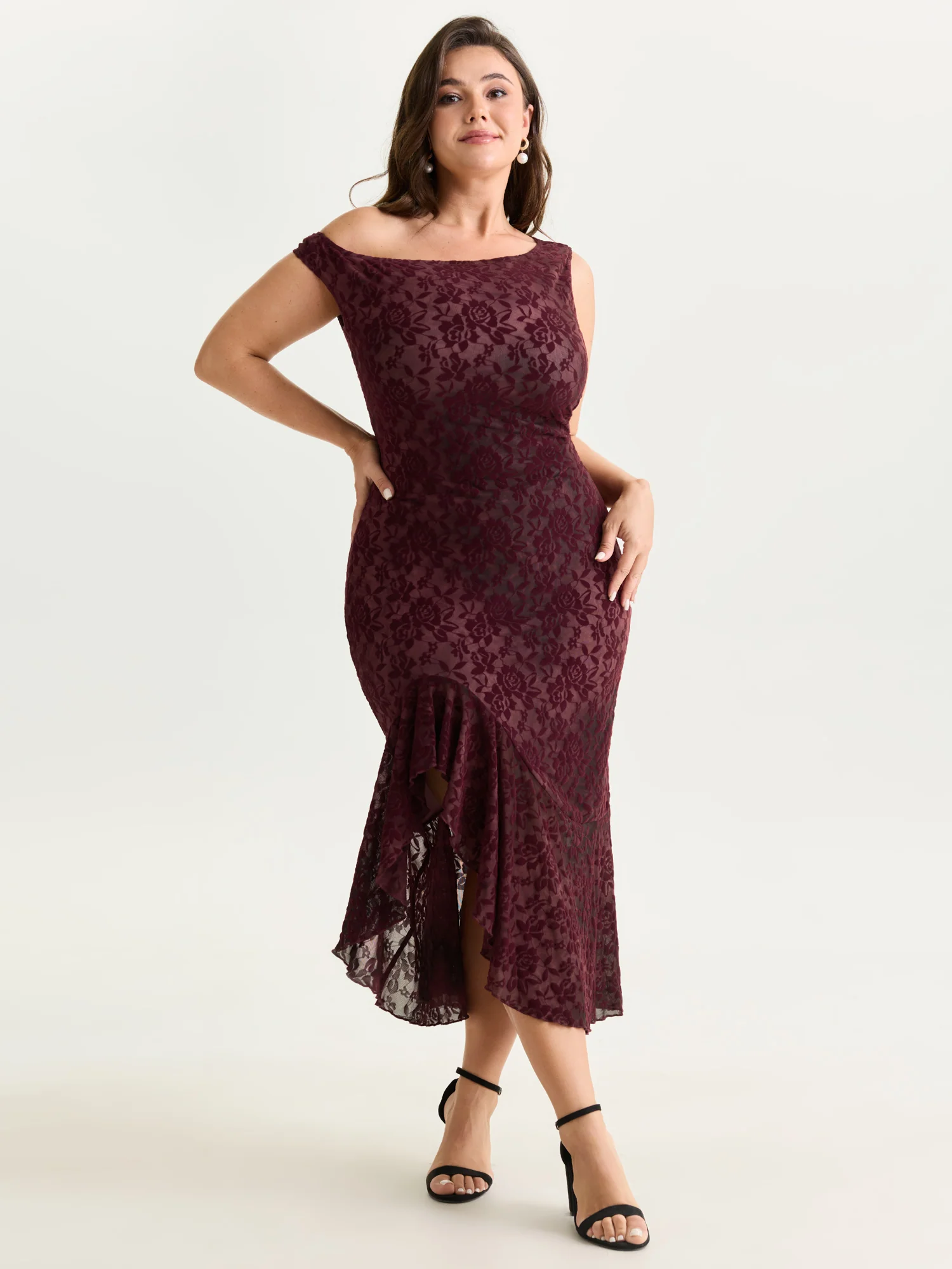 Flocked Floral Stretchy One-Shoulder Midi Dress - Image 3