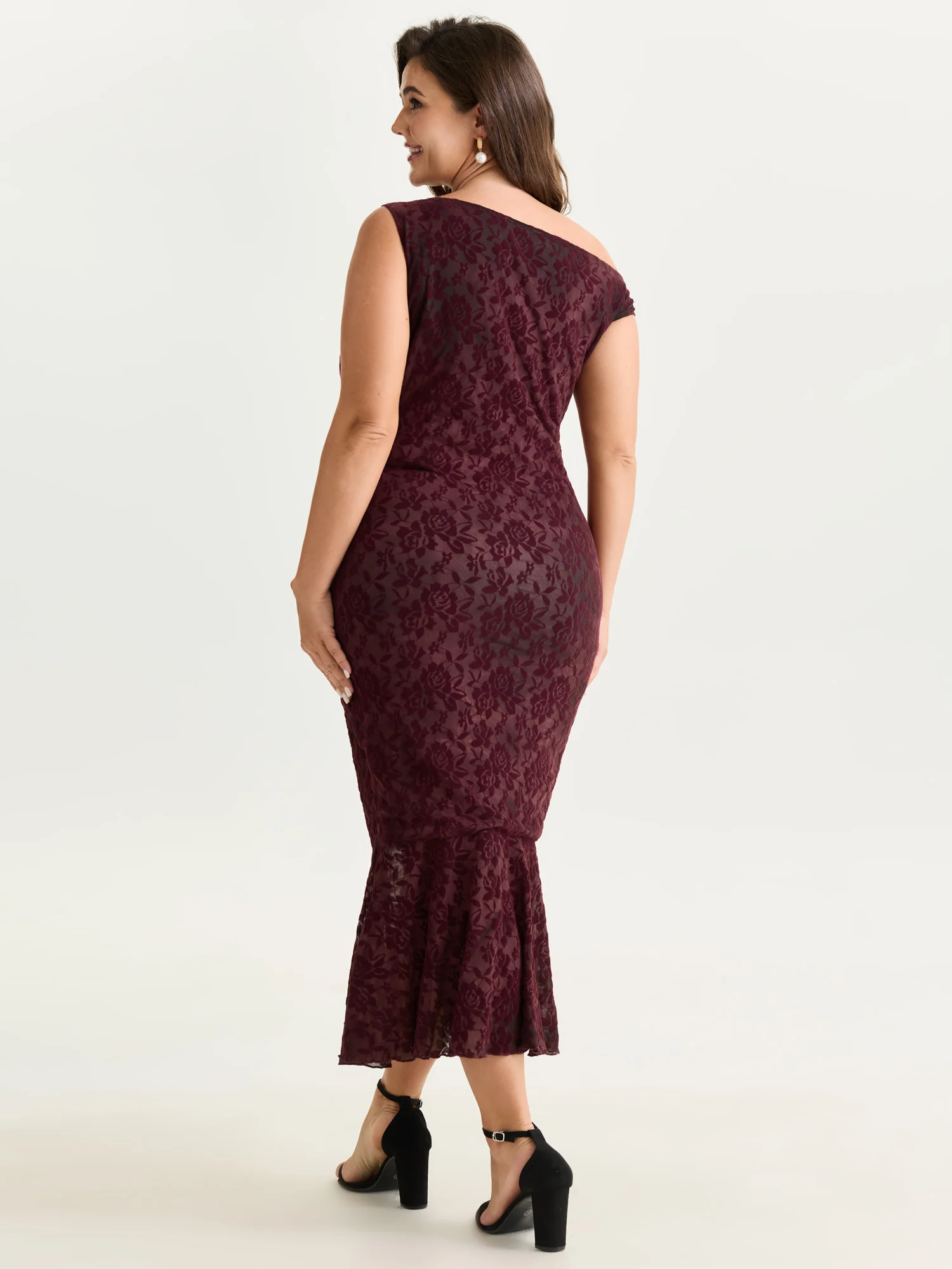 Flocked Floral Stretchy One-Shoulder Midi Dress - Image 6