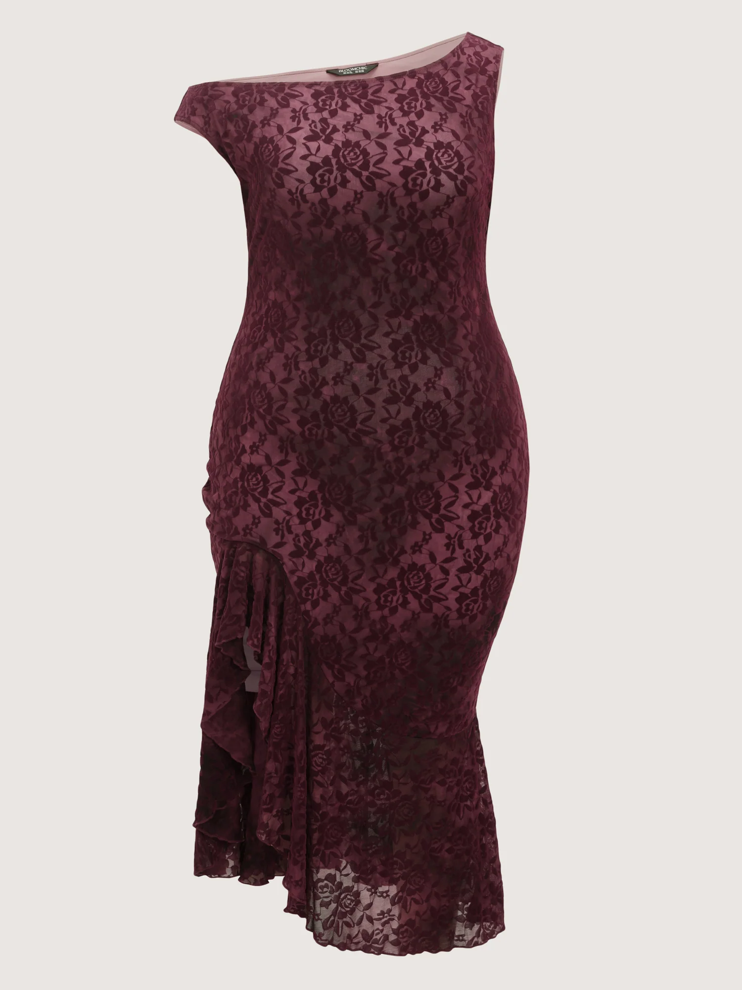Flocked Floral Stretchy One-Shoulder Midi Dress - Image 7
