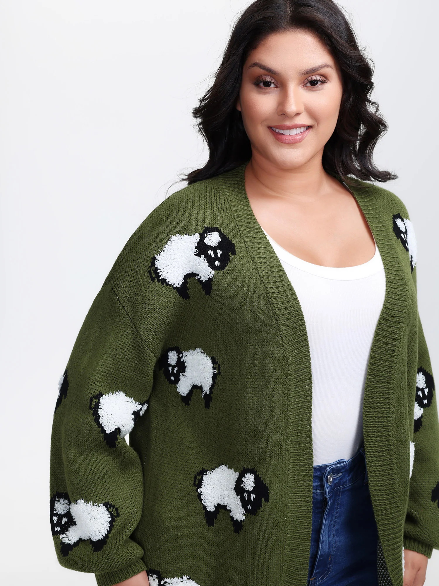 Flocked Lamb Curvy Hem Jacquard-Knit Cardigan - Image 2