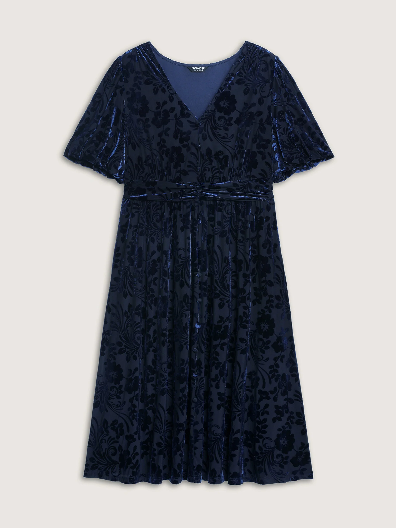 Flocked Laser Cut Pleated Waist Midi Dress - Image 7