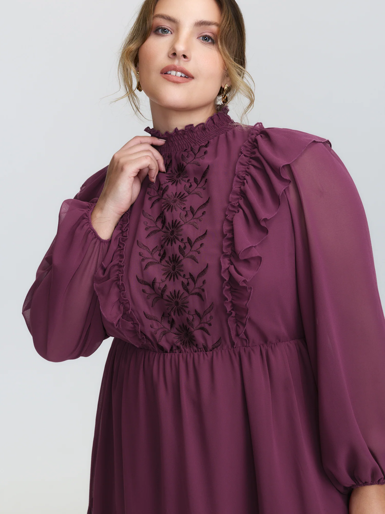 Flocked Ruffled Floral Embroidered Neckline Mini Dress - Image 2