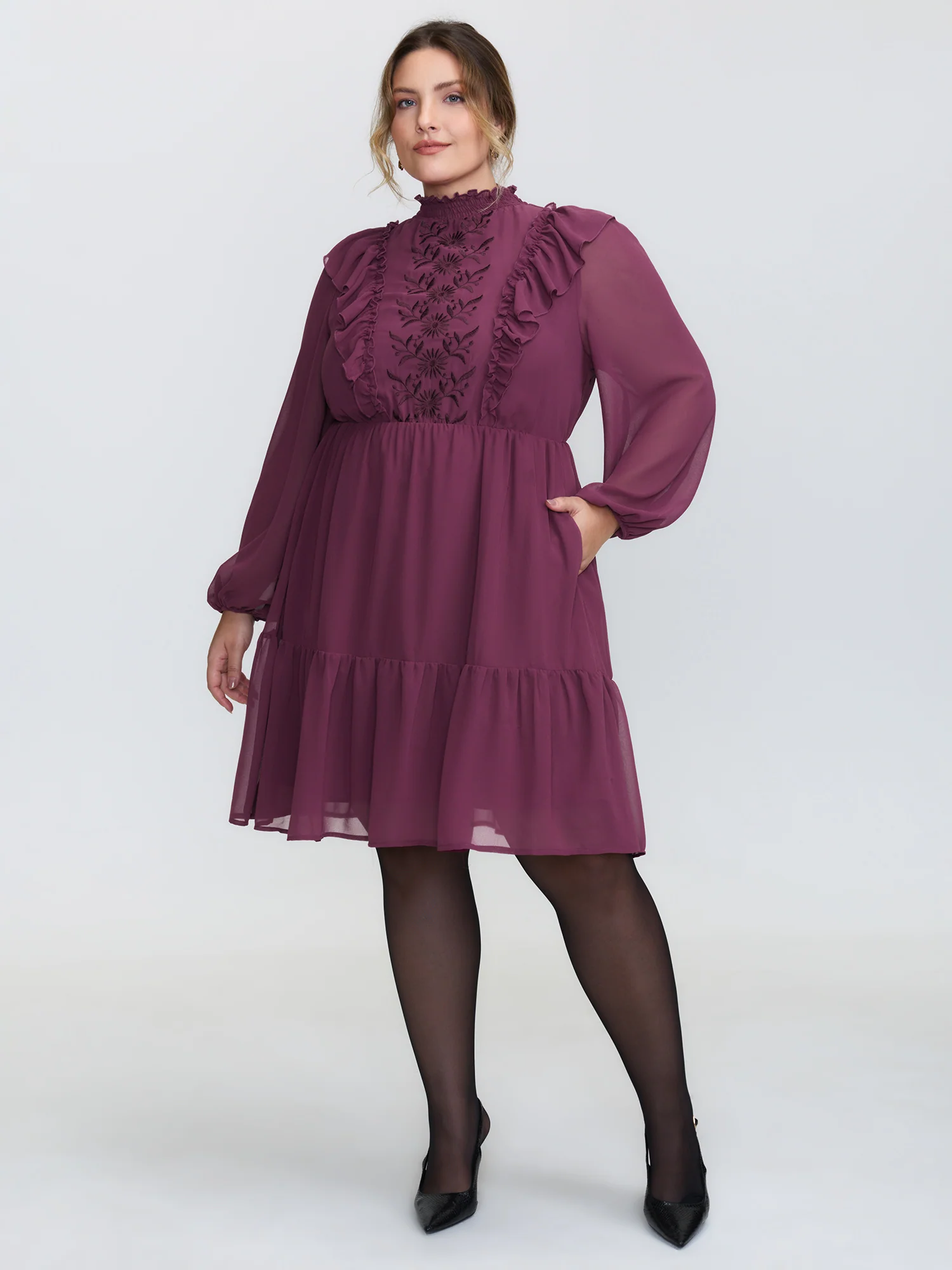 Flocked Ruffled Floral Embroidered Neckline Mini Dress - Image 3