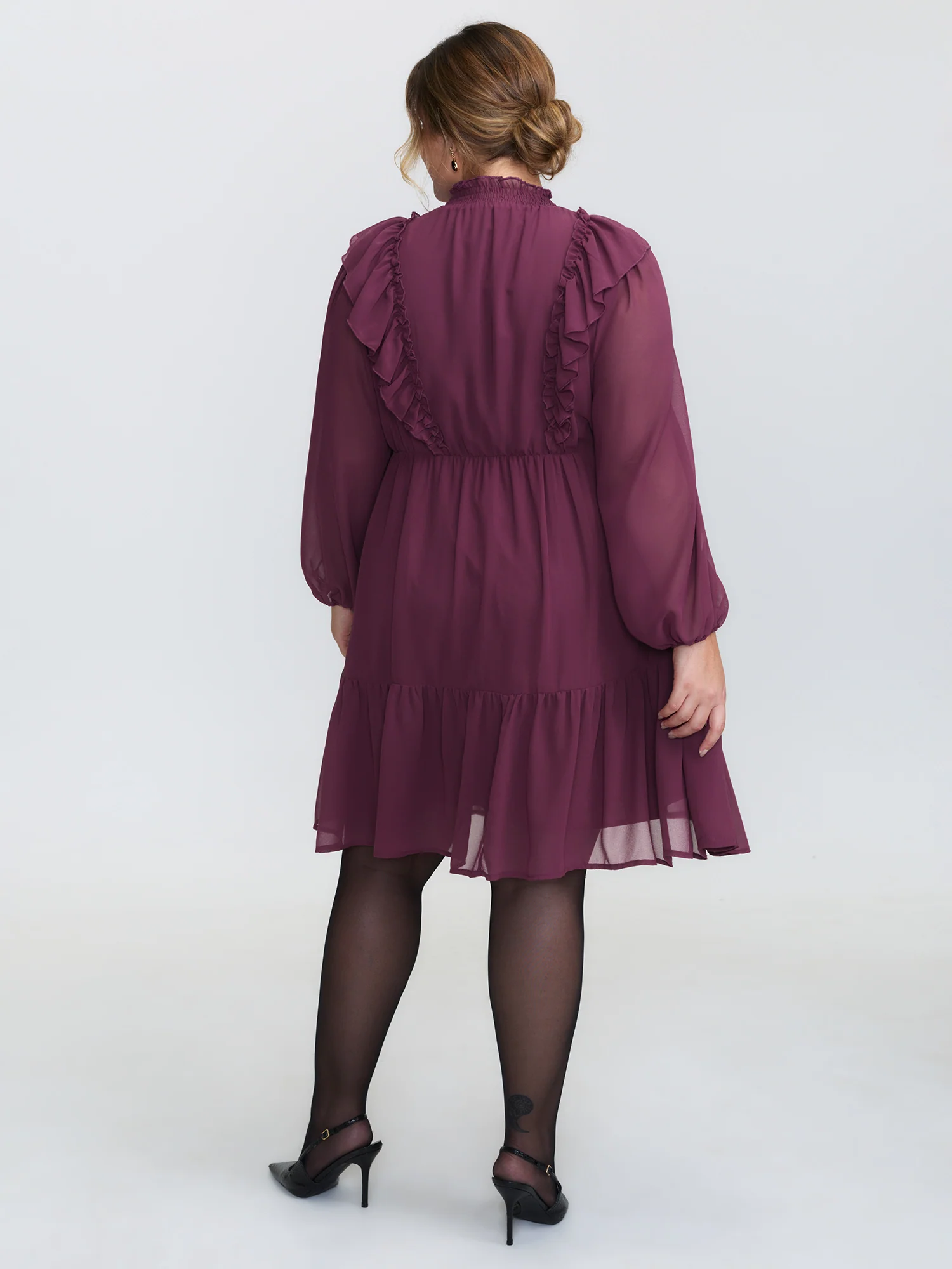 Flocked Ruffled Floral Embroidered Neckline Mini Dress - Image 4