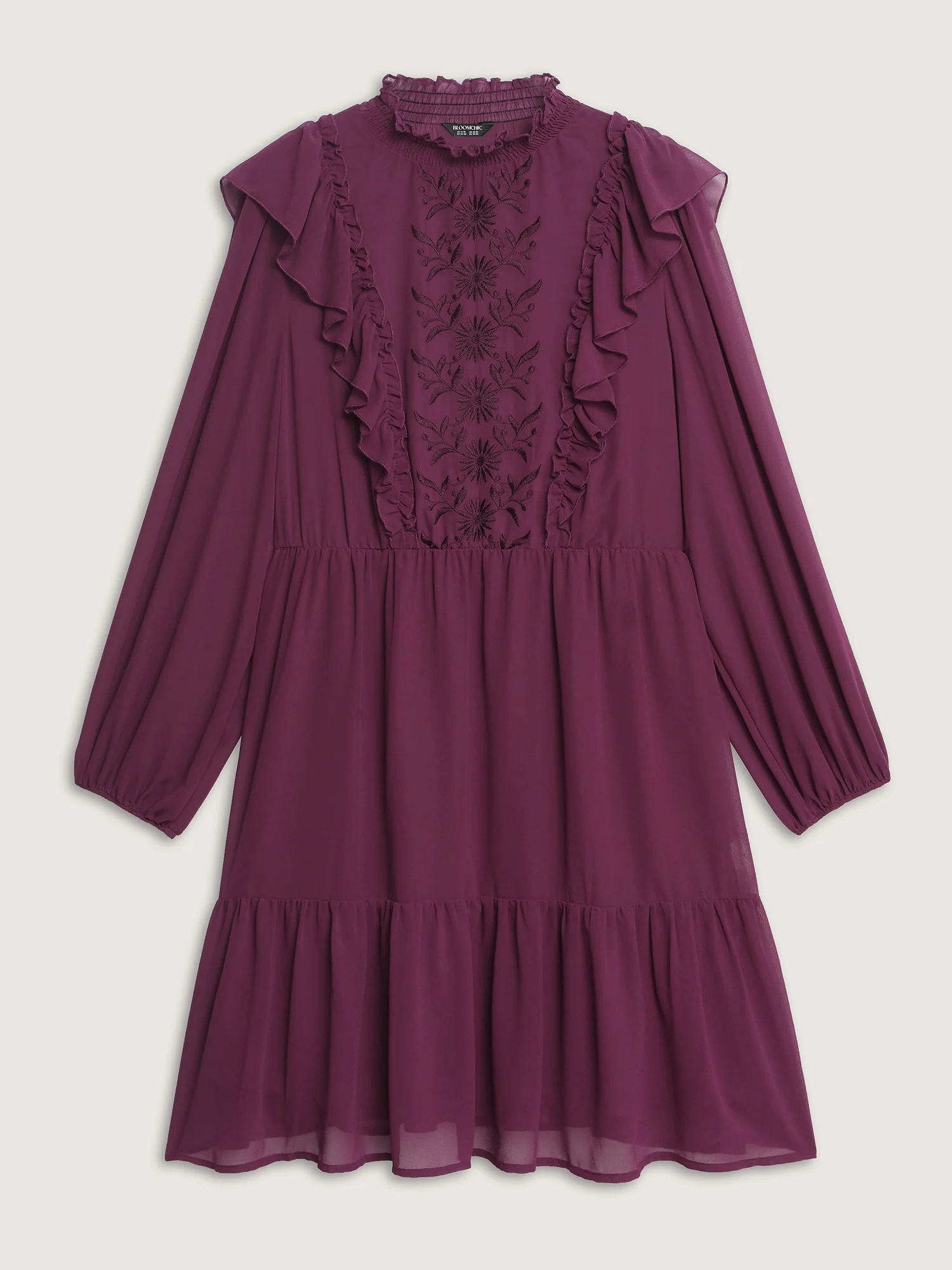 Flocked Ruffled Floral Embroidered Neckline Mini Dress - Image 7