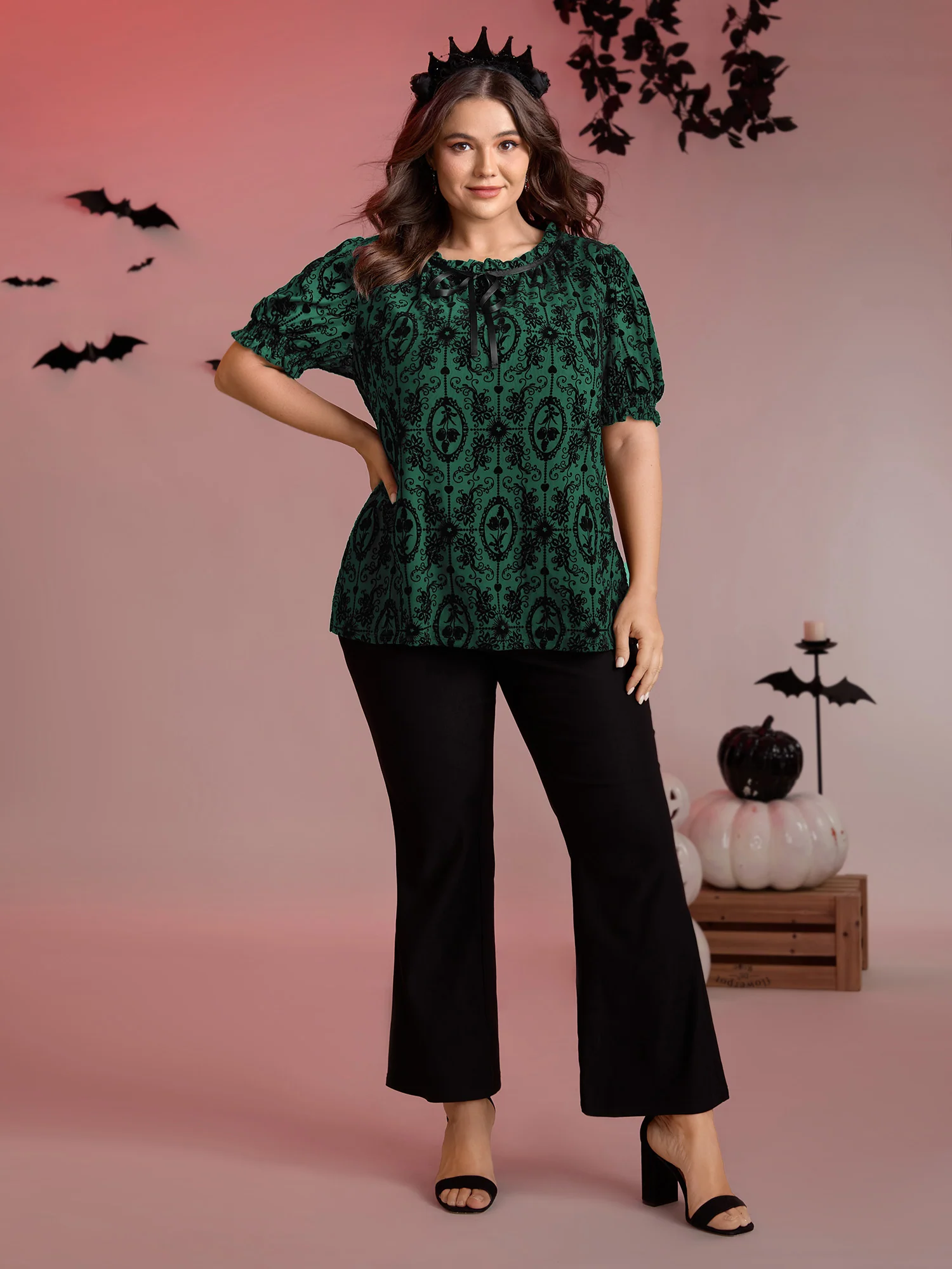 Flocked Texture Shirred Contrast Blouse - Image 10