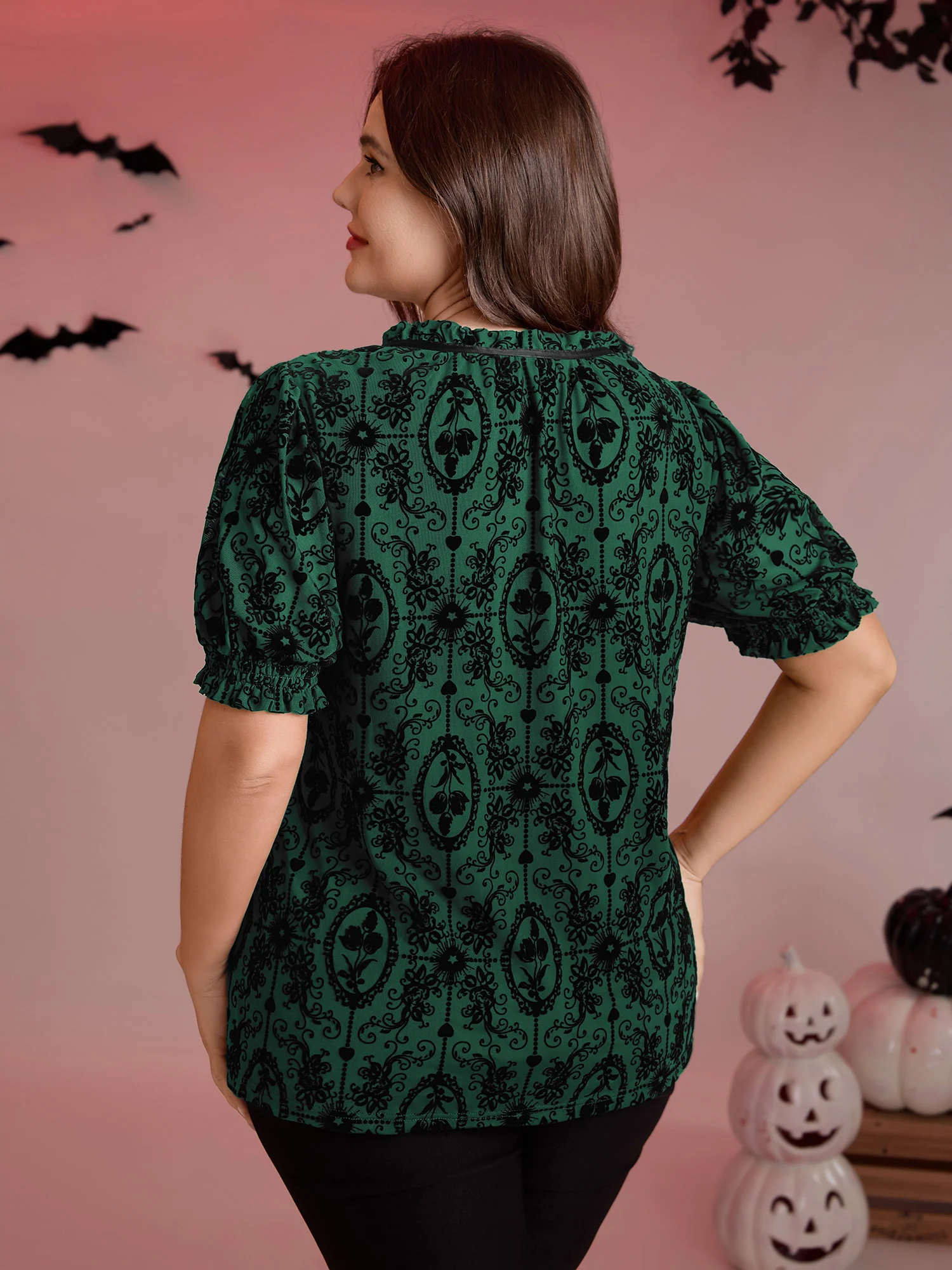 Flocked Texture Shirred Contrast Blouse - Image 11