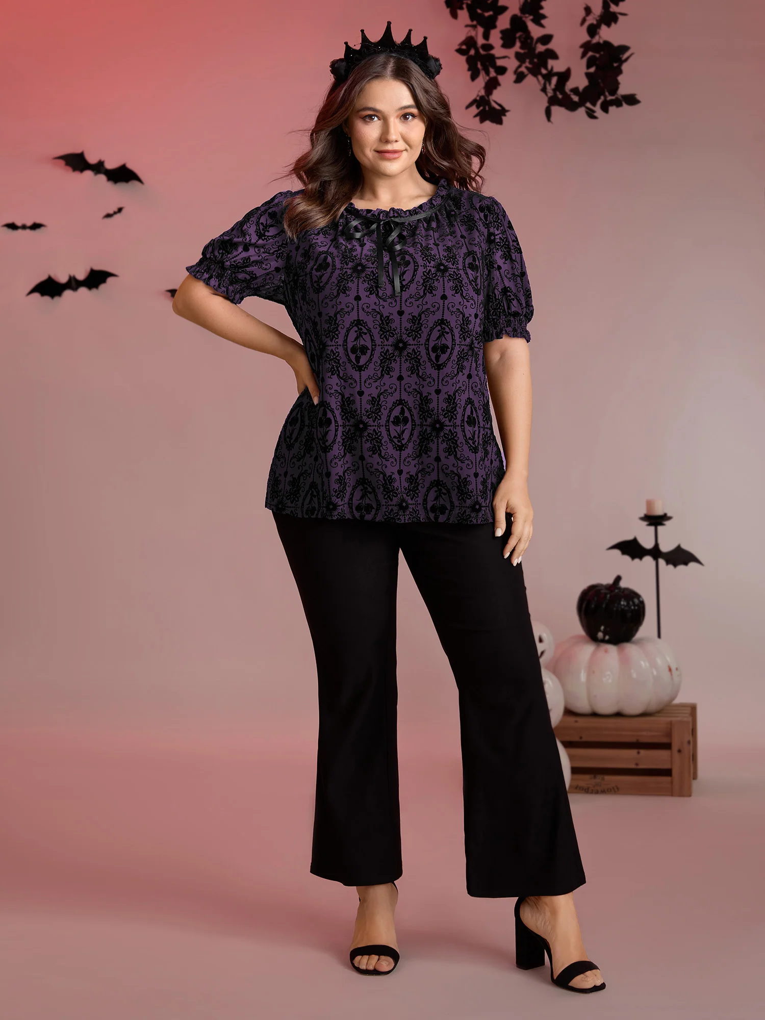 Flocked Texture Shirred Contrast Blouse - Image 14