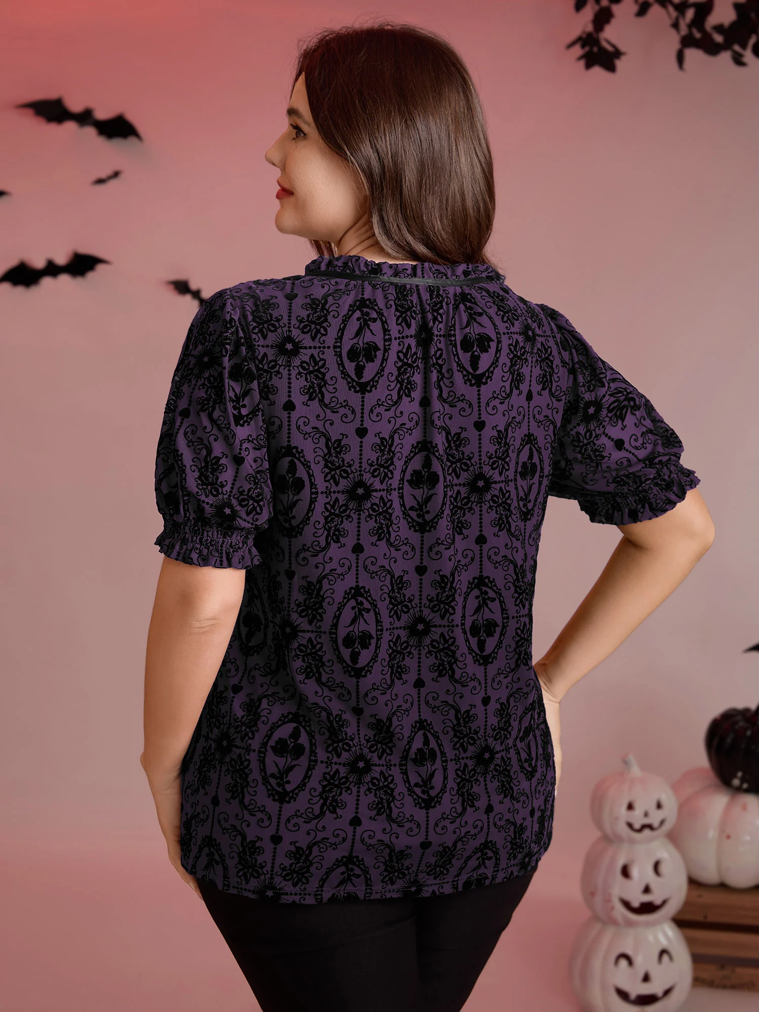 Flocked Texture Shirred Contrast Blouse - Image 15