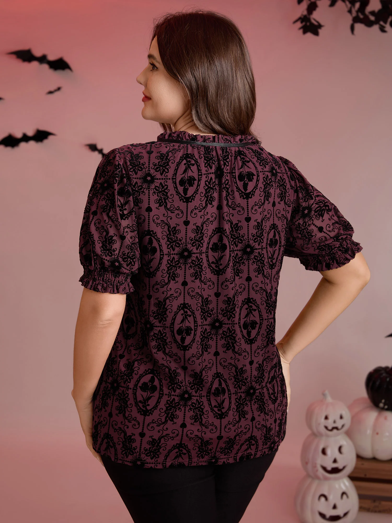 Flocked Texture Shirred Contrast Blouse - Image 4