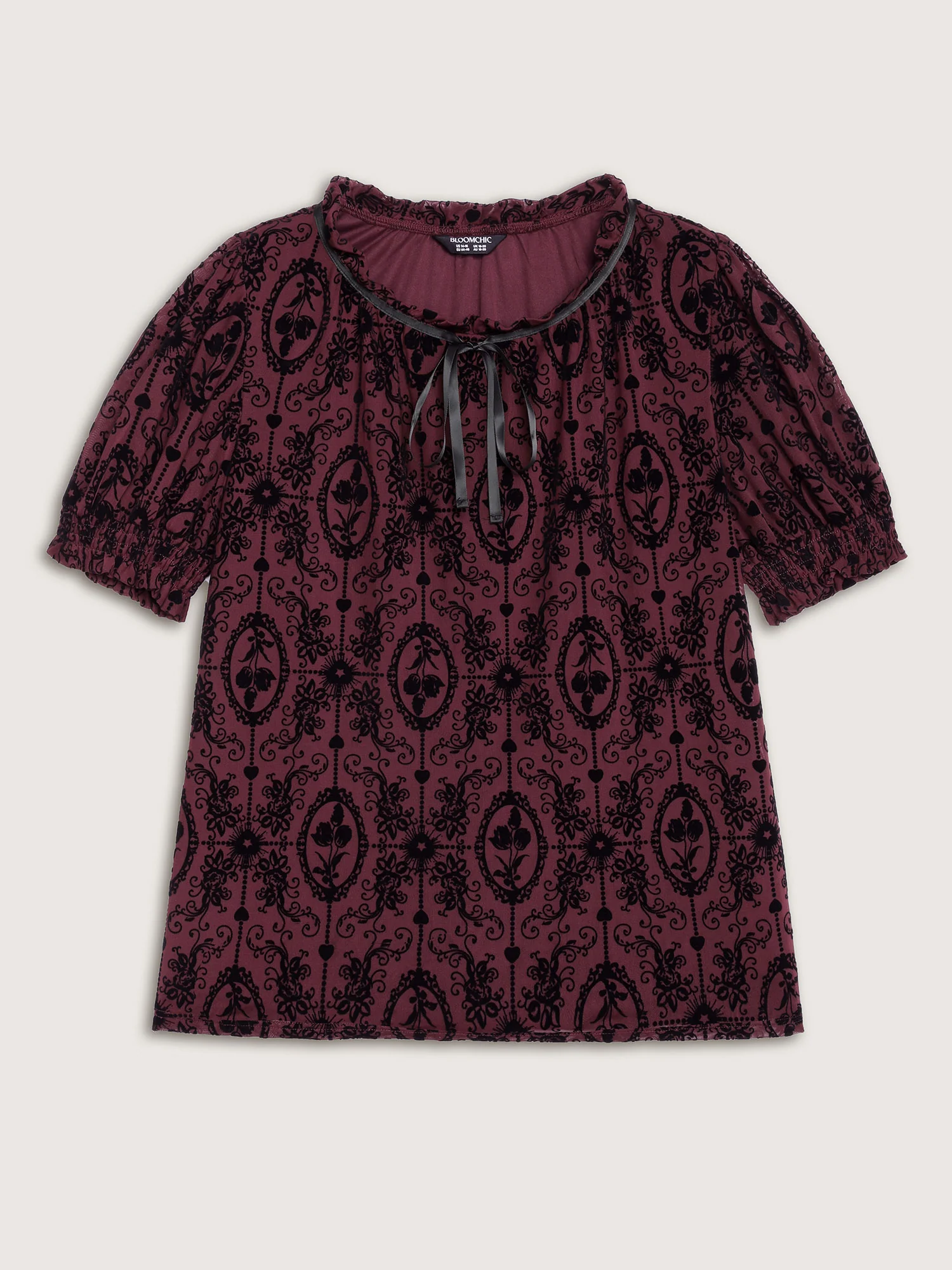 Flocked Texture Shirred Contrast Blouse - Image 7