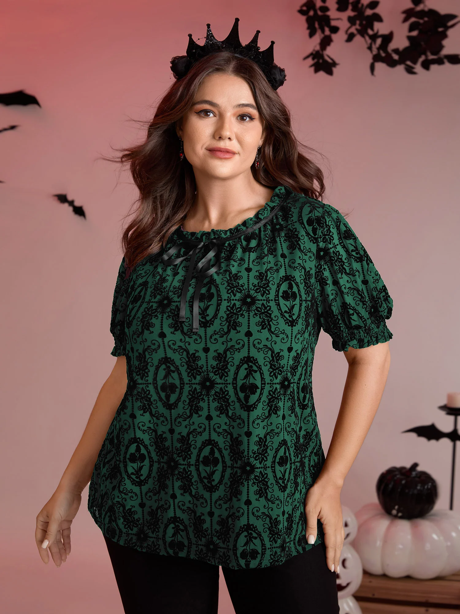 Flocked Texture Shirred Contrast Blouse - Image 9