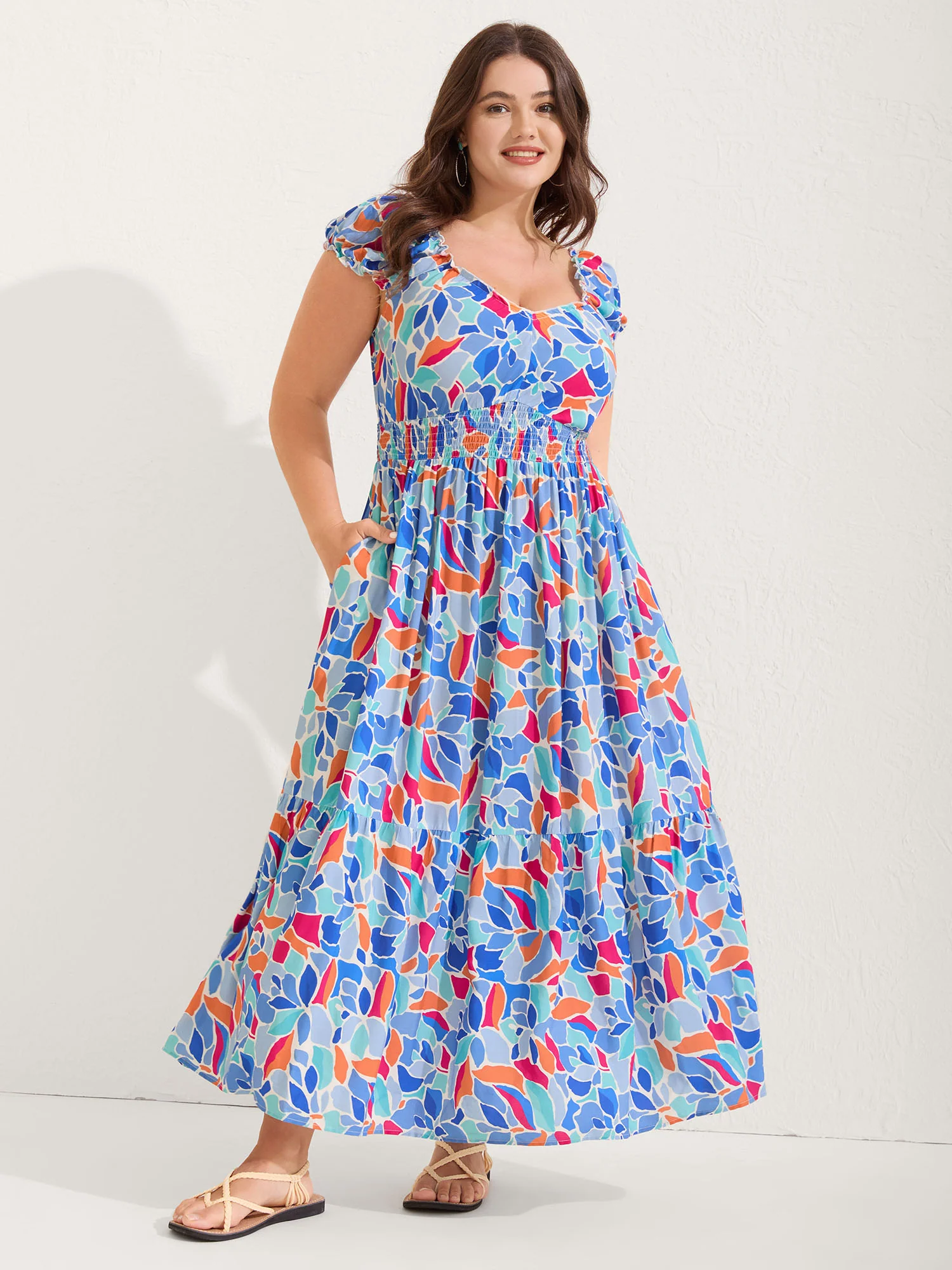 Floral Abstract Shirred Waist Midi Dress - Image 3