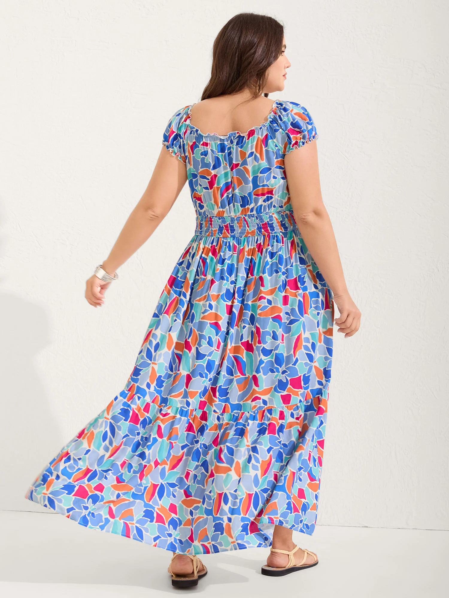 Floral Abstract Shirred Waist Midi Dress - Image 4
