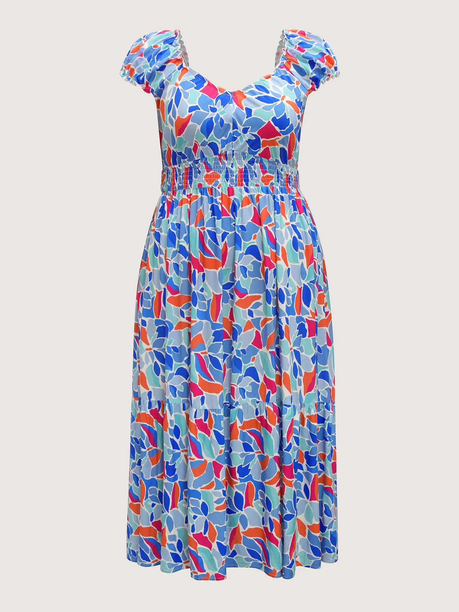Floral Abstract Shirred Waist Midi Dress - Image 7