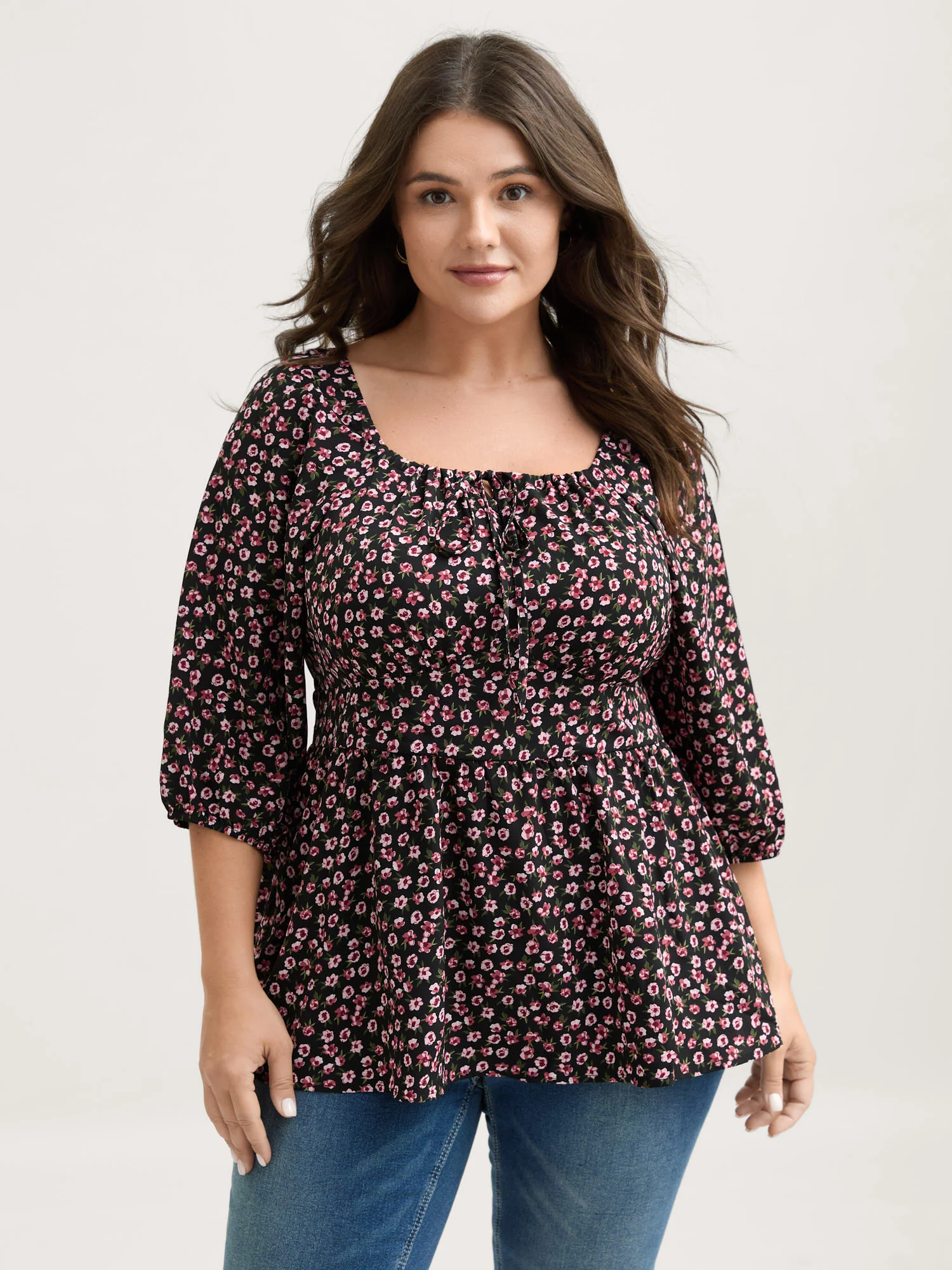 Floral Adjustable Drawstring Neck Shirred Blouse - Image 2