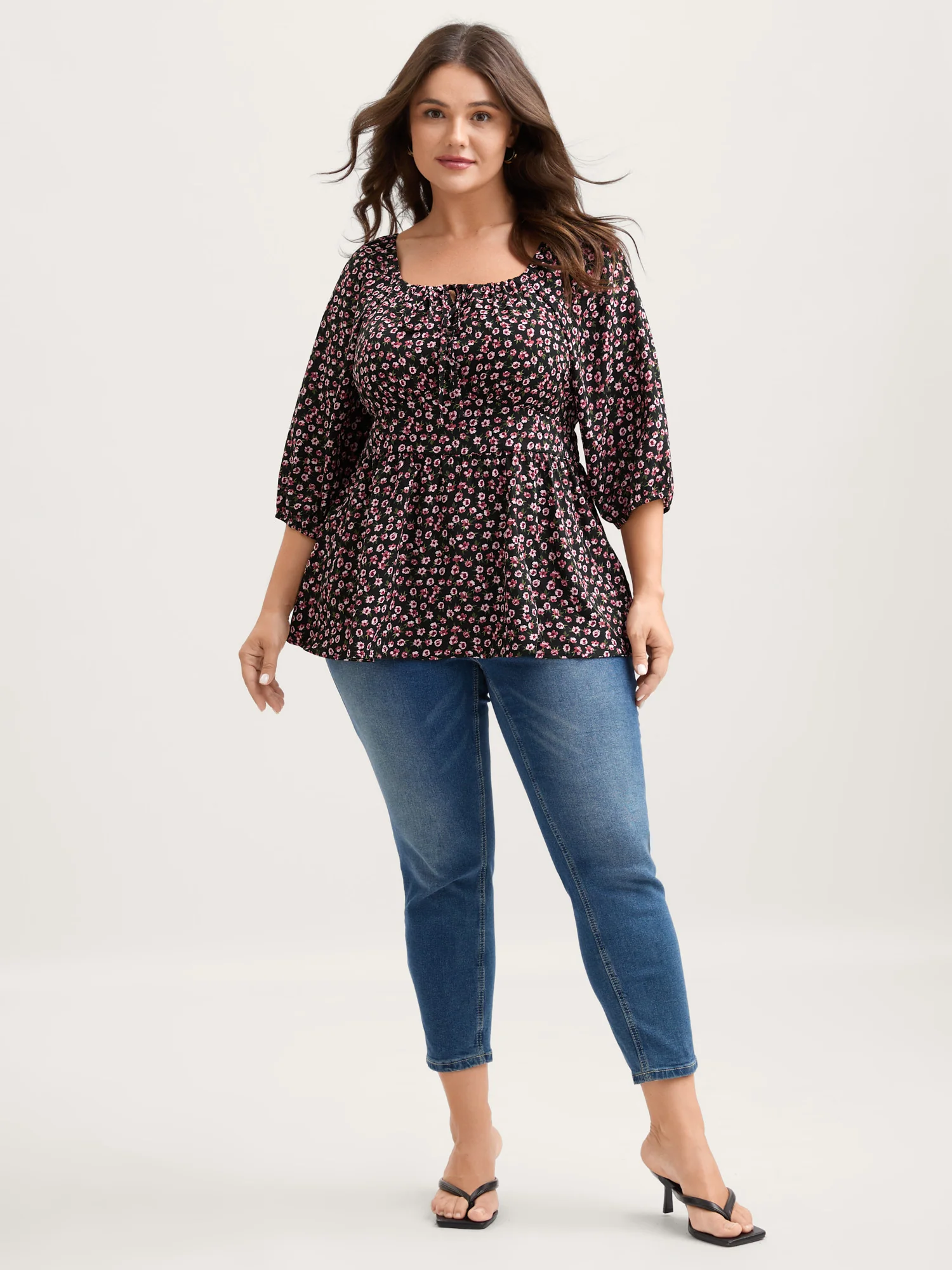 Floral Adjustable Drawstring Neck Shirred Blouse - Image 3