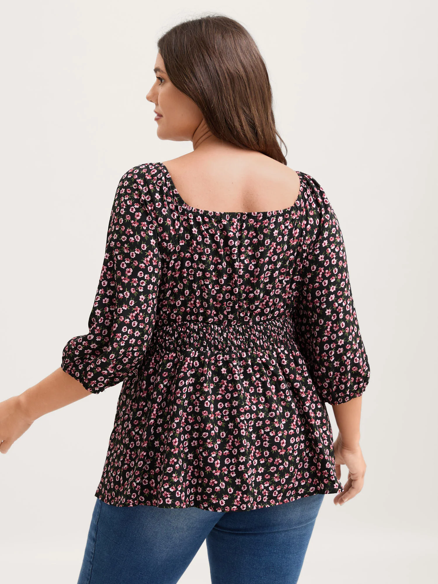 Floral Adjustable Drawstring Neck Shirred Blouse - Image 4
