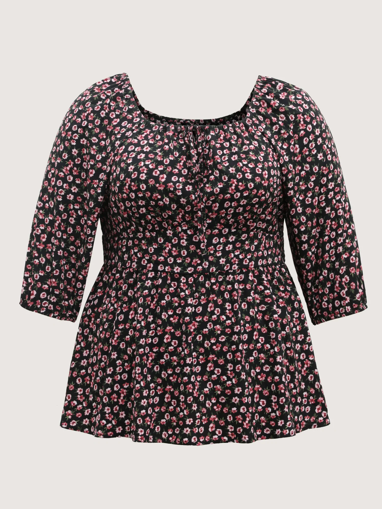 Floral Adjustable Drawstring Neck Shirred Blouse - Image 7