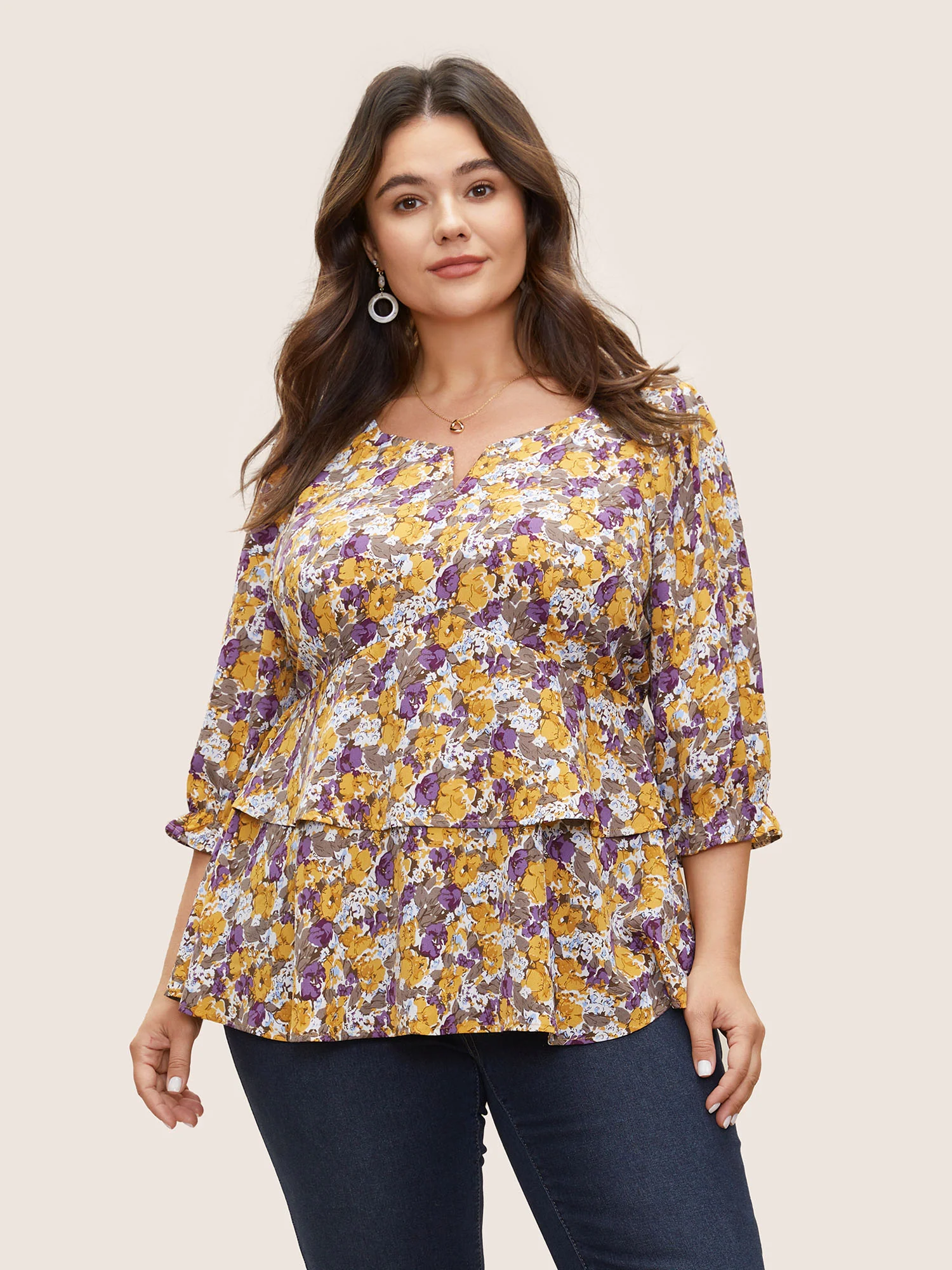Floral Allover Print Ruffles Tiered Hem Blouse