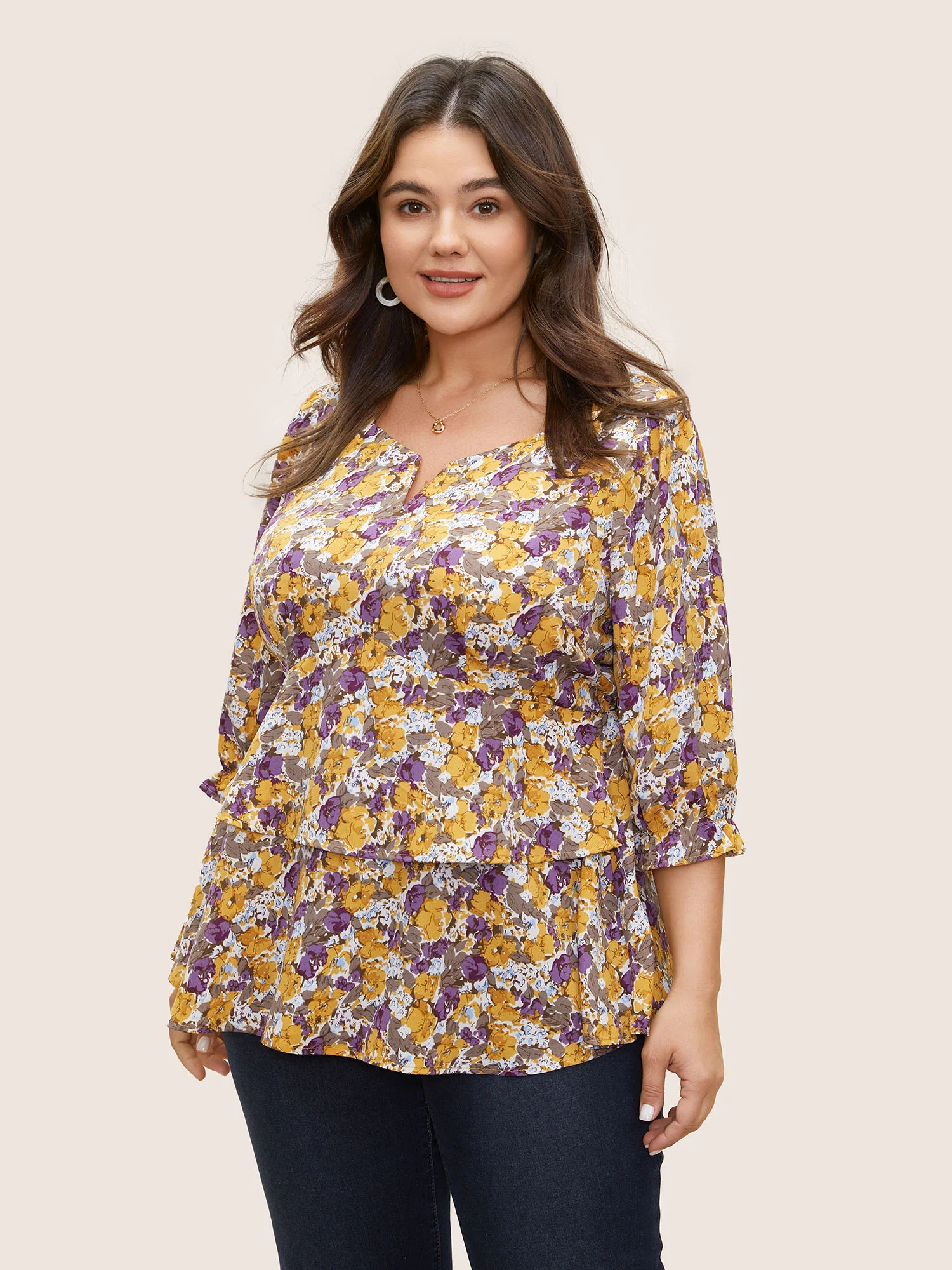 Floral Allover Print Ruffles Tiered Hem Blouse - Image 2
