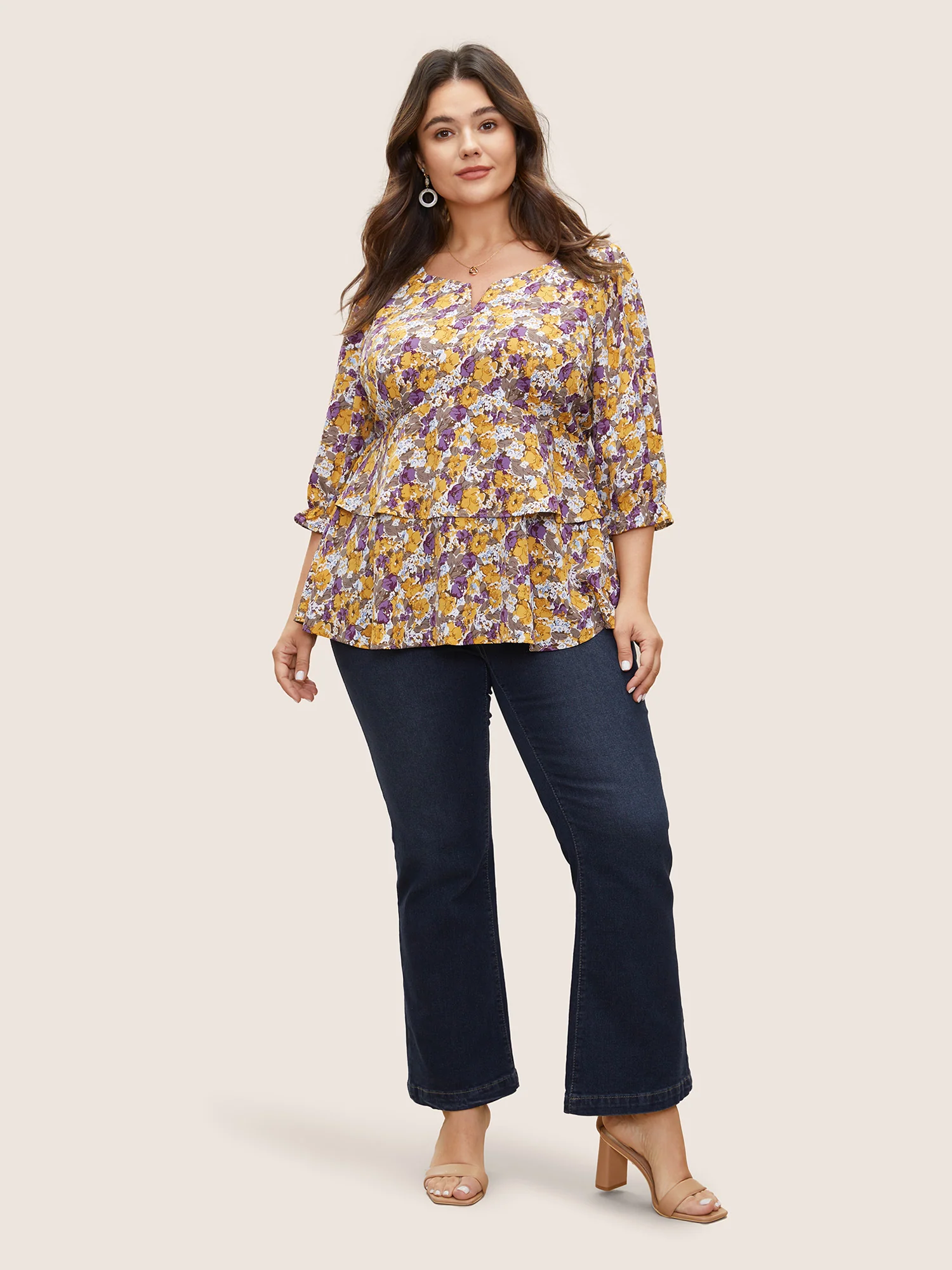 Floral Allover Print Ruffles Tiered Hem Blouse - Image 3