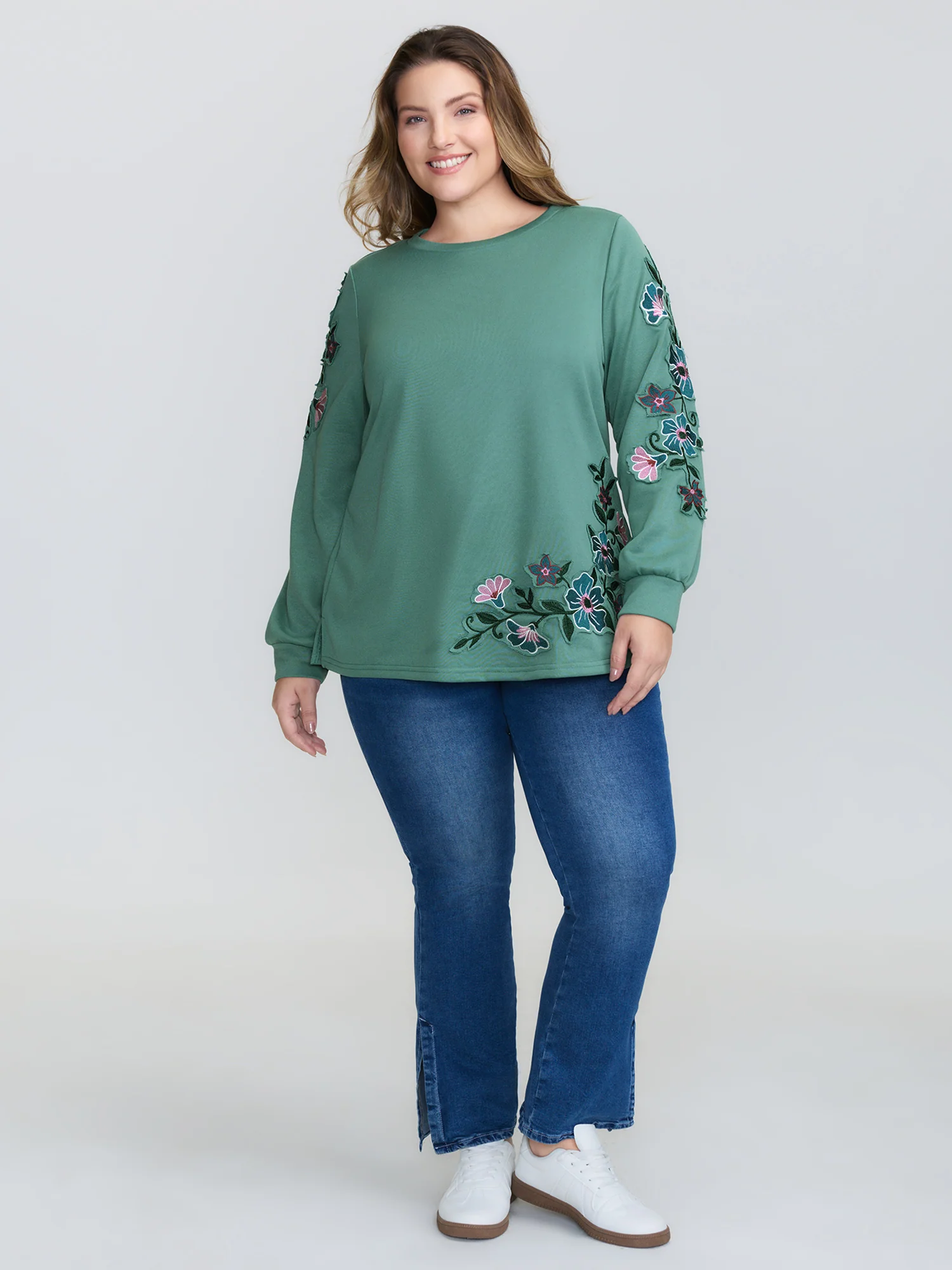 Floral Applique Embroidery Stretchy Sweatshirt - Image 3