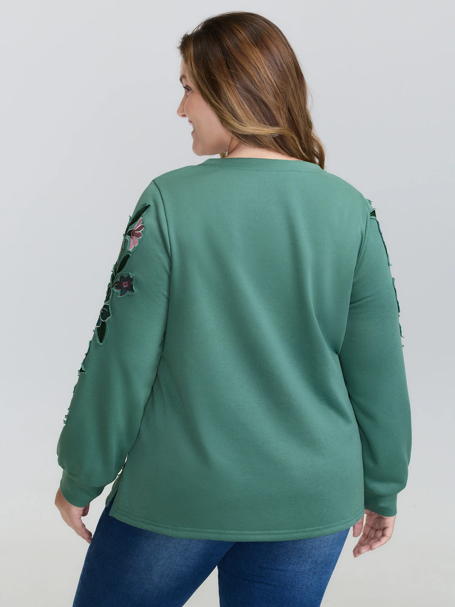 Floral Applique Embroidery Stretchy Sweatshirt - Image 5