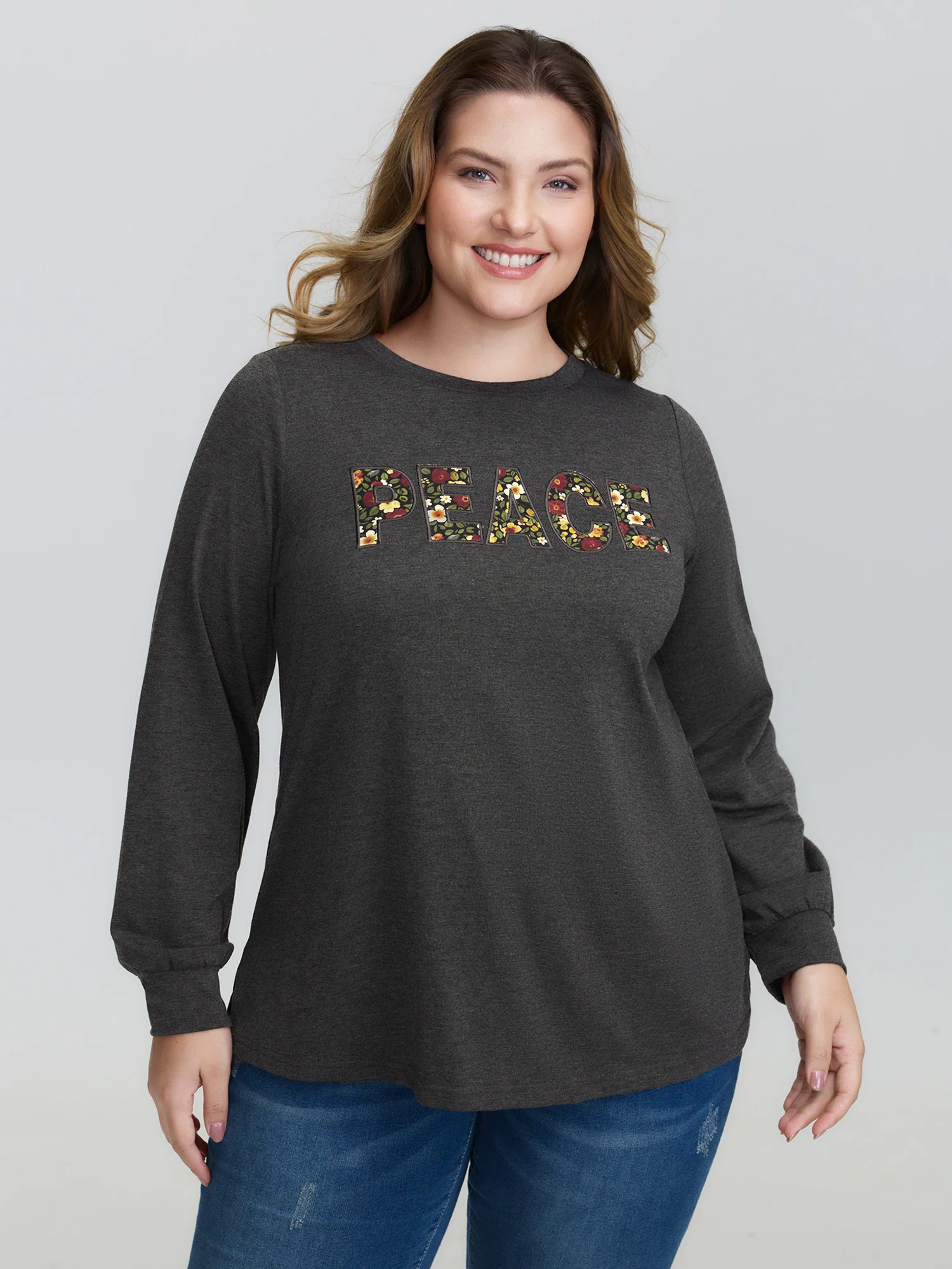 Floral Applique Embroidery Stretchy T-Shirt