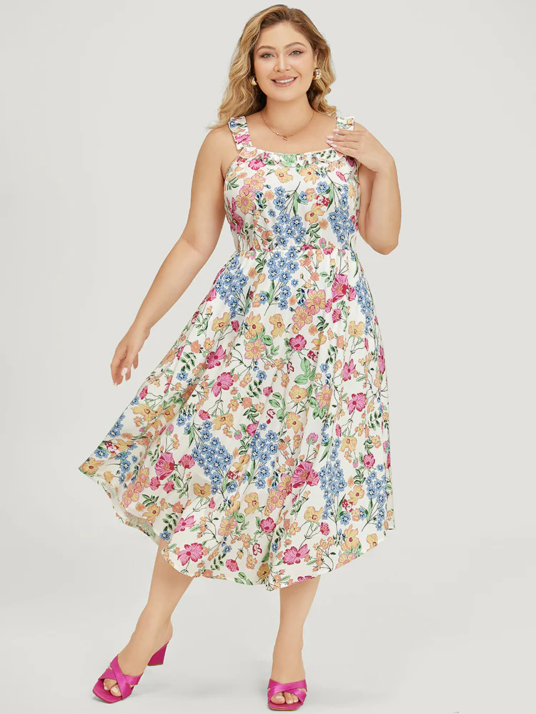 Floral Arc Hem Pocket Square Neck Ruffle Trim Cami Dress - Image 2