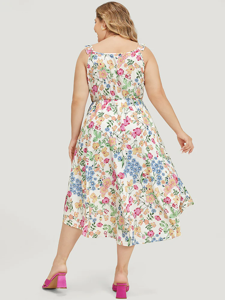 Floral Arc Hem Pocket Square Neck Ruffle Trim Cami Dress - Image 3