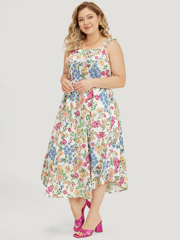 Floral Arc Hem Pocket Square Neck Ruffle Trim Cami Dress - Image 4